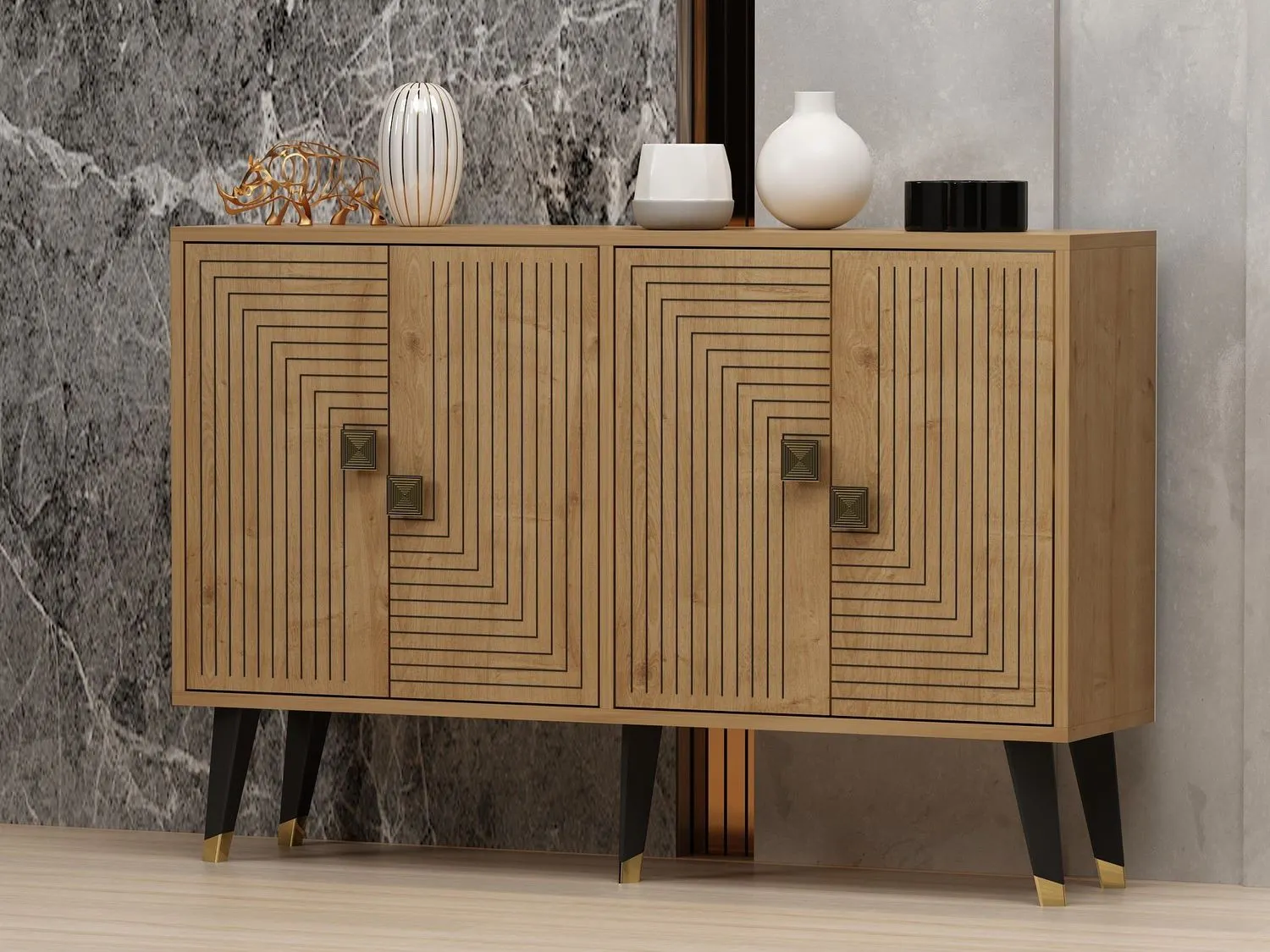 Komoda 2-drzwiowa z geometrycznym zdobieniem AHART 120 cm dąb naturalny czarno-złote nóżki — zdjęcie 4