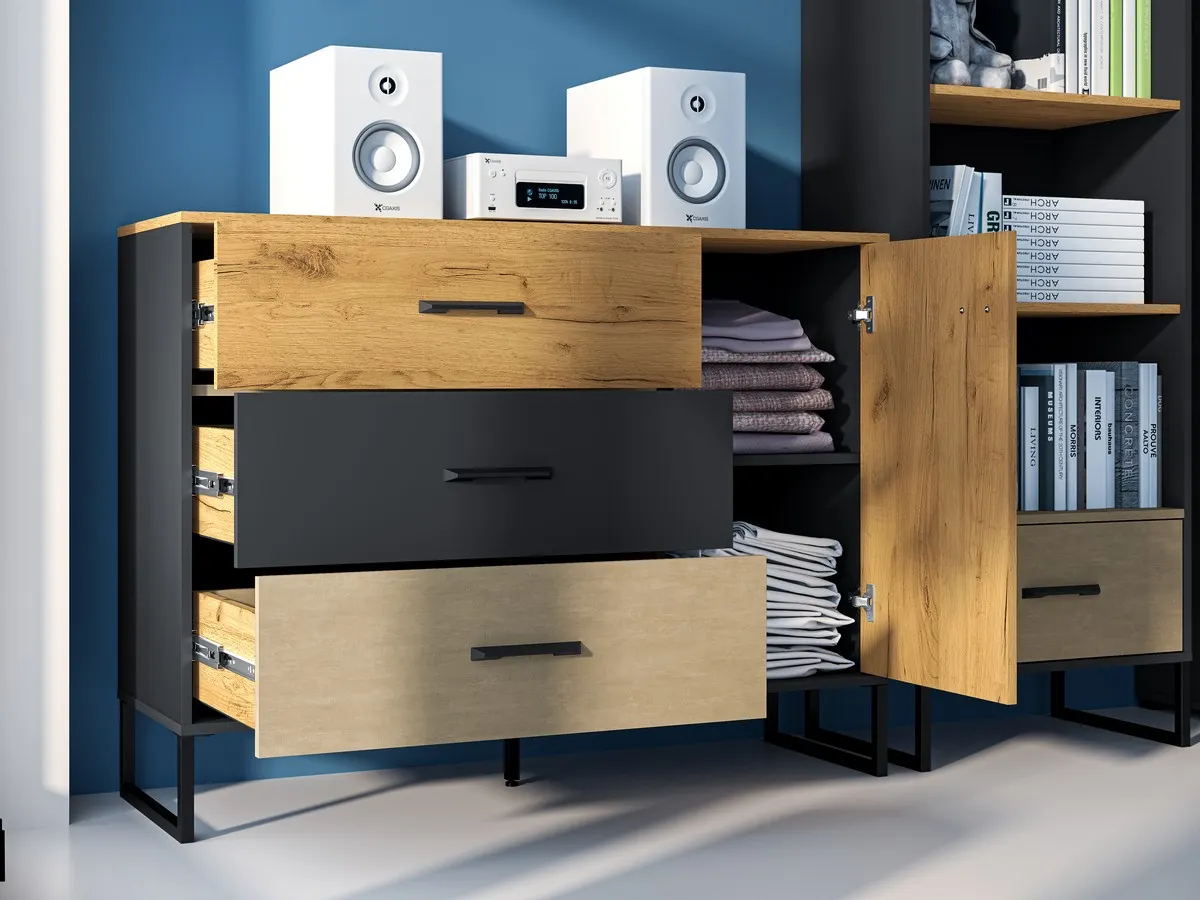 Komoda 1-drzwiowa z 3 szufladami Colt 06 dąb craft złoty, czarny, stal premium - 1COLT06-001