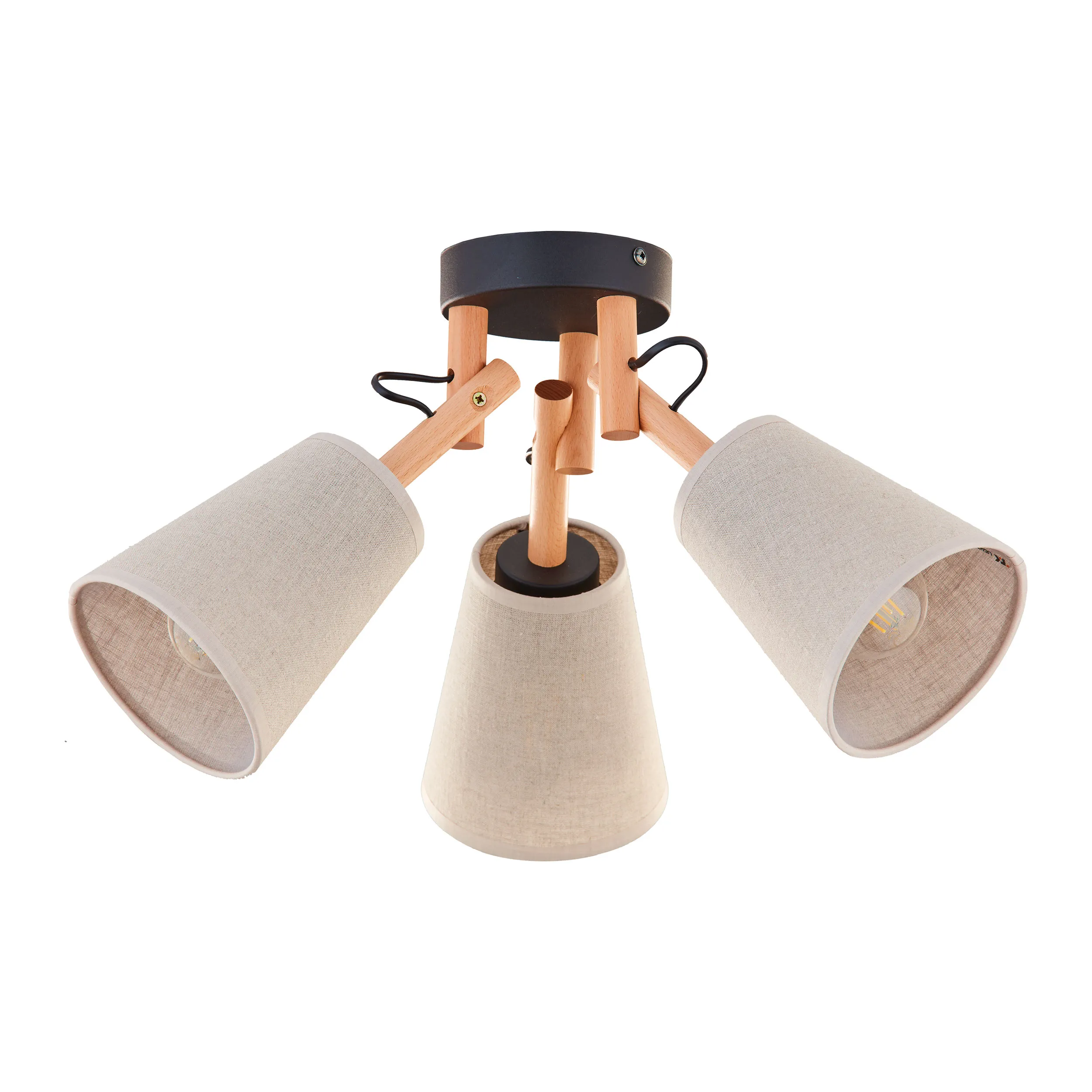 Lampa sufitowa VAIO NATURE brązowe klosze z tkaniny na drewnianych jasnych regulowanych ramionach na czarnej okrągłej podstawie 46x30cm