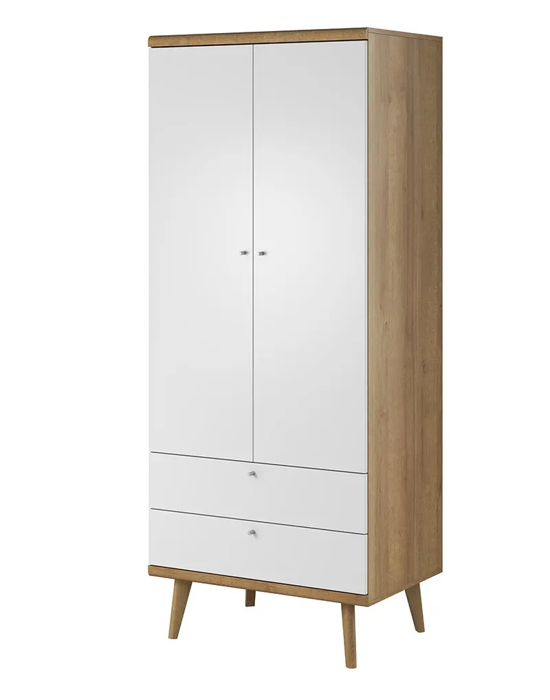 Szafa PRIMO 2-drzwiowa z 2 szufladami - biały dąb lineo Szafa PRIMO 2-drzwiowa z 2 szufladami - biały dąb lineo