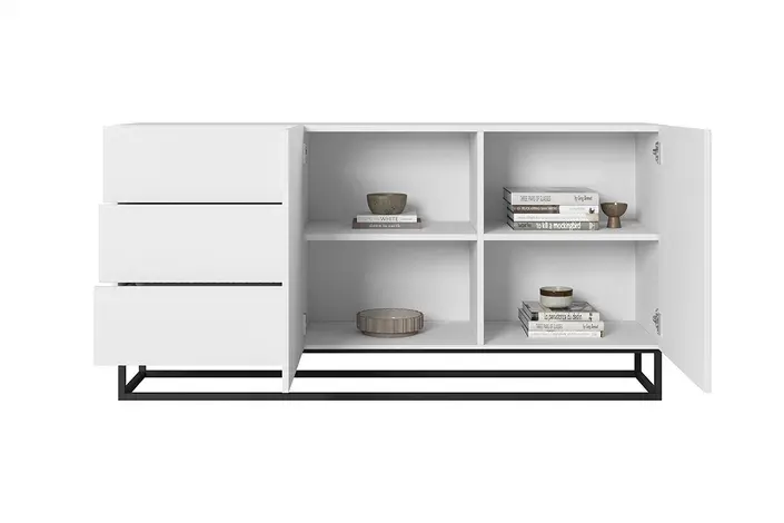 Komoda 2-drzwiowa z 3 szufladami ASHA 167 z szufladami - biały mat - czarny stelaż - ryflowany front - B_57057