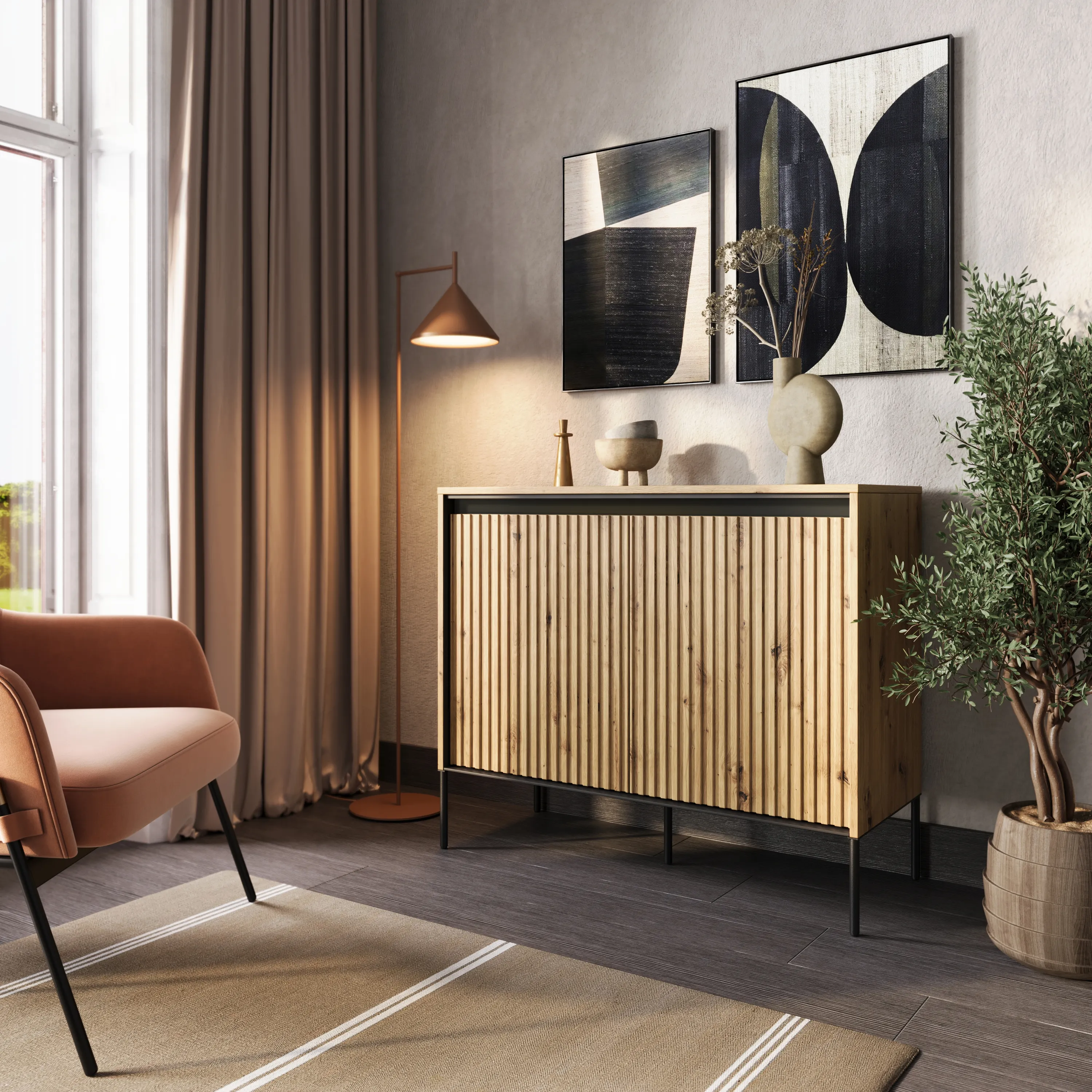 Komoda z oświetleniem TREND TR-02 2D dąb artisan/czarny - TR2DAC-V2