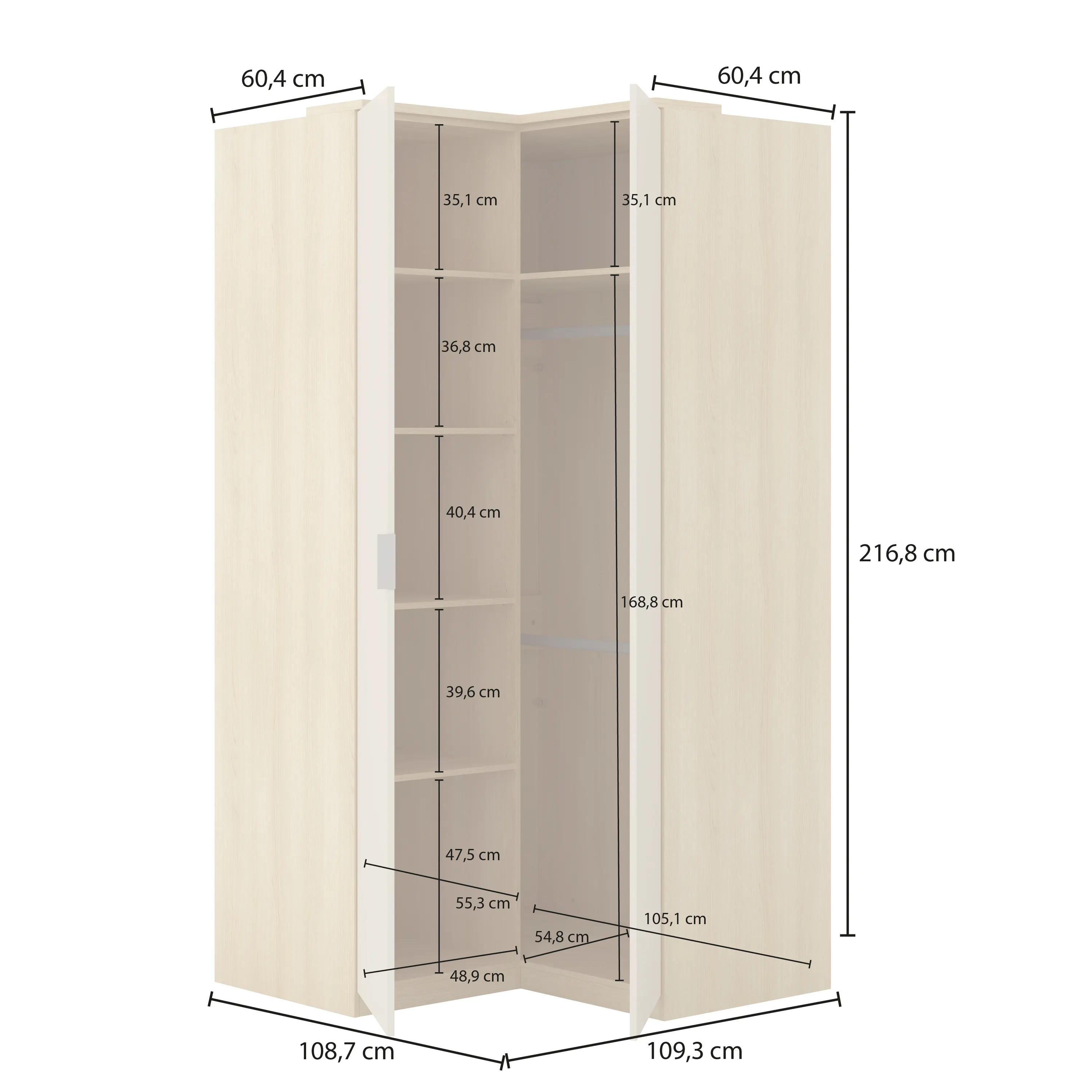 szafa narożna, szafa z półkami, meble drewniane, szafa z przeszklonymi drzwiami, wymiary 216,8 cm