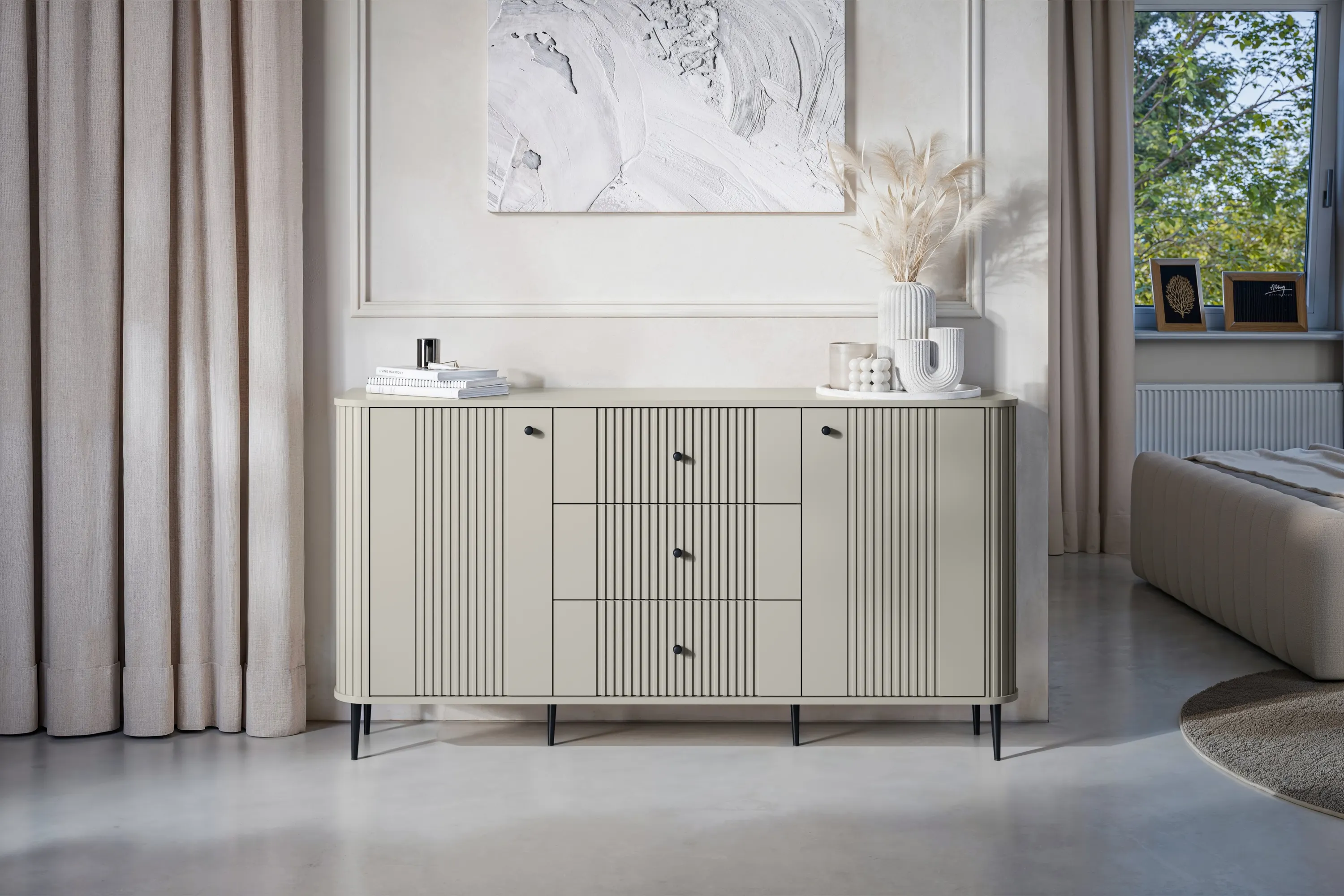 Komoda 2-drzwiowa z 3 szufladami VESPER 160 ryflowany front cashmere czarne nogi - B_163598