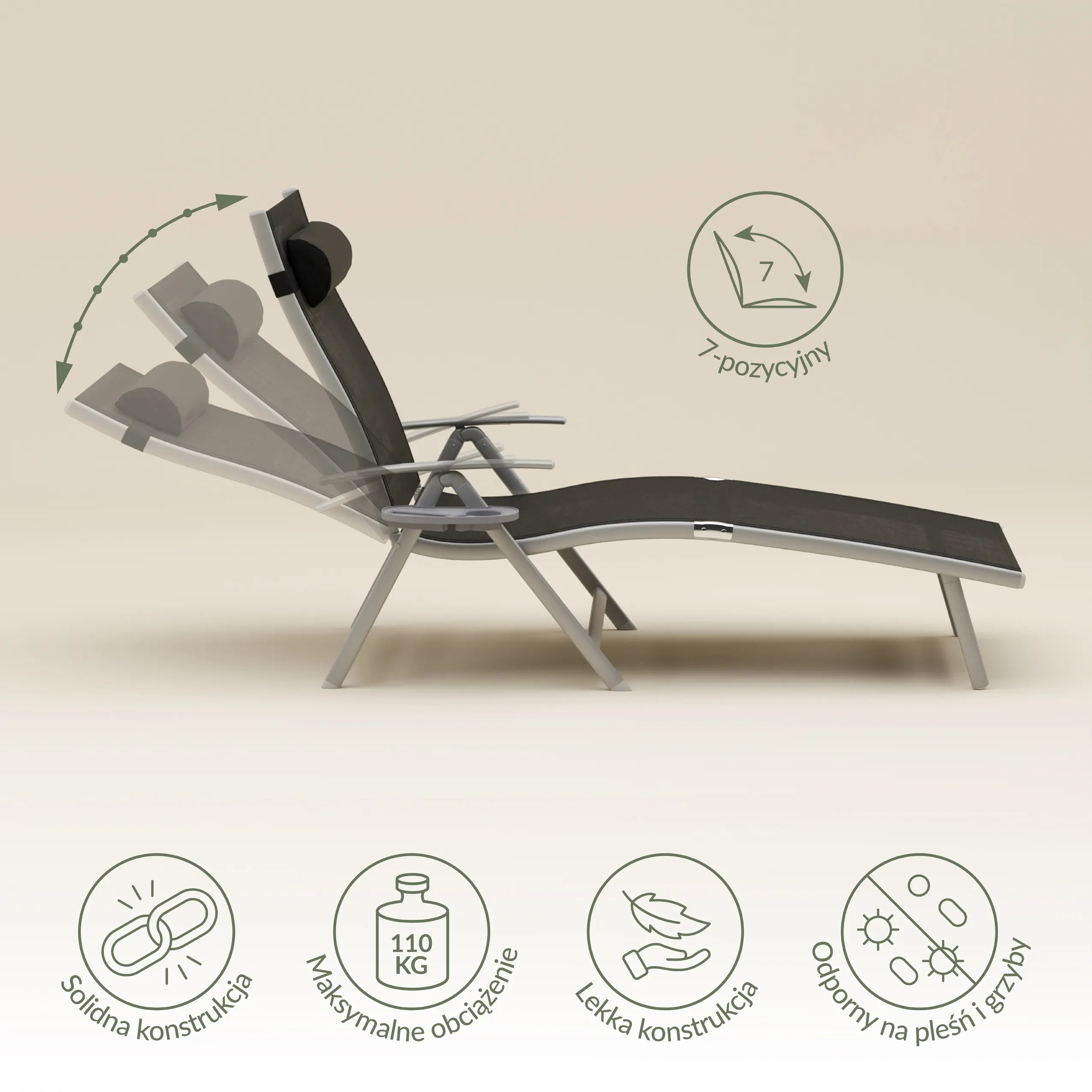 Leżak ogrodowy składany TARDY 182 cm aluminiowy czarny Zenjoy - TARDY_CZARNY