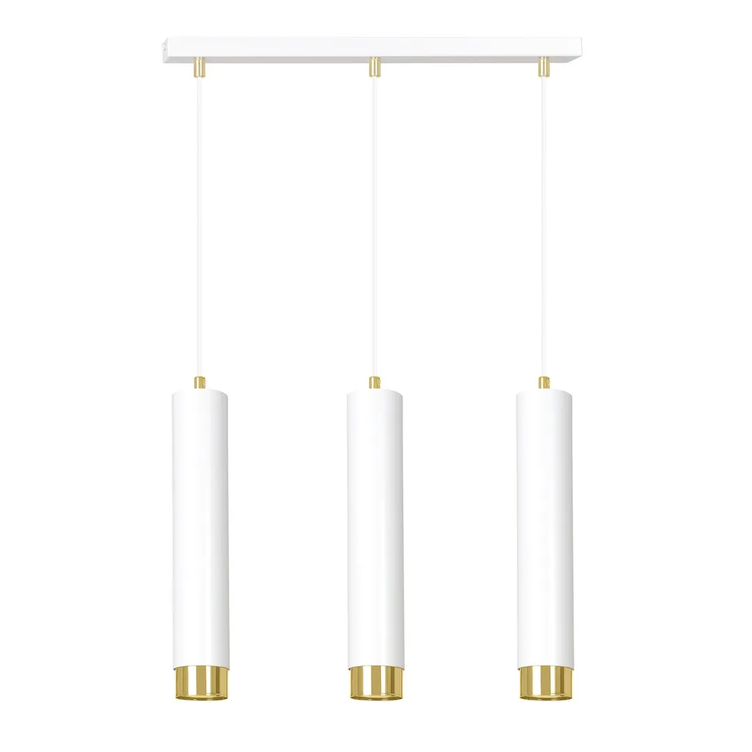 image lampa wisząca, trzy cylindry, metalowy zawias, biała, złote wykończenie