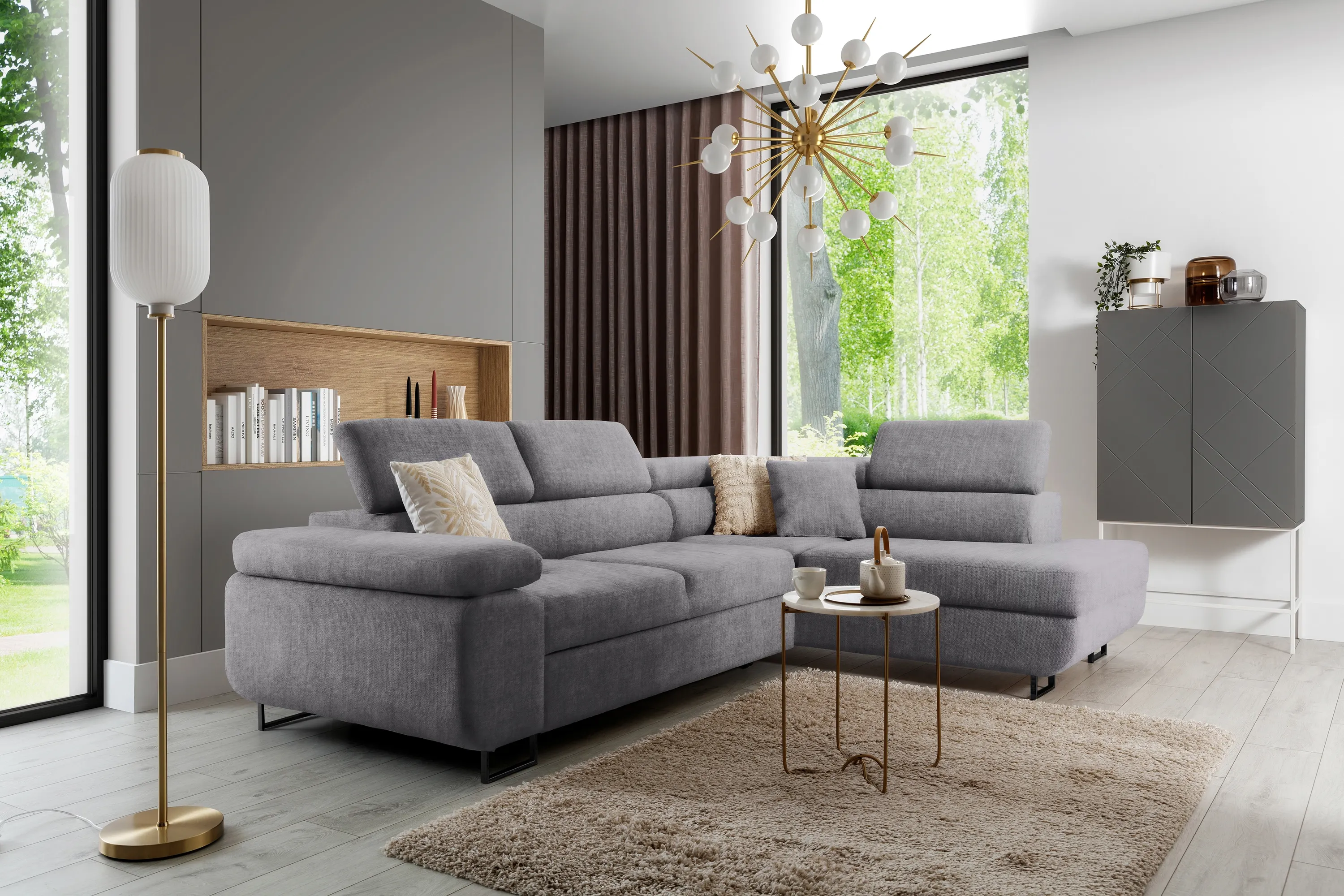 Narożnik prawostronny ANNABELLE L regulowane zagłówki nogi czarne tkanina Vogue 14 szary - B_165780