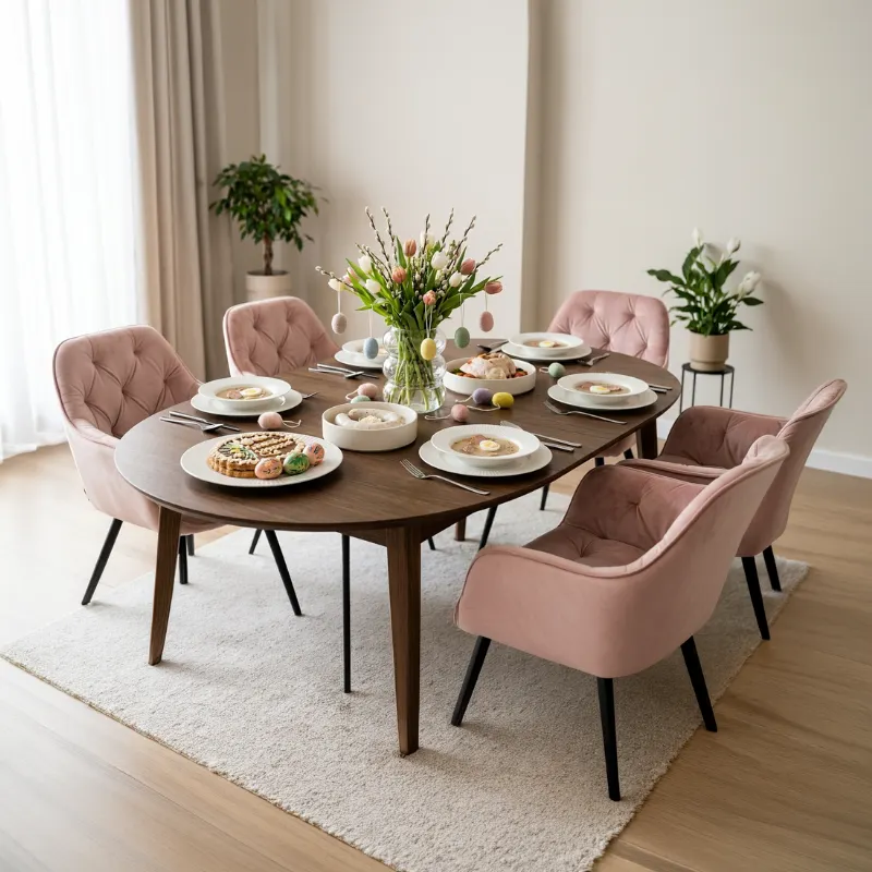 stolik jadalny, drewniany, okrągły stół, zastawa stołowa, kwiaty wazon