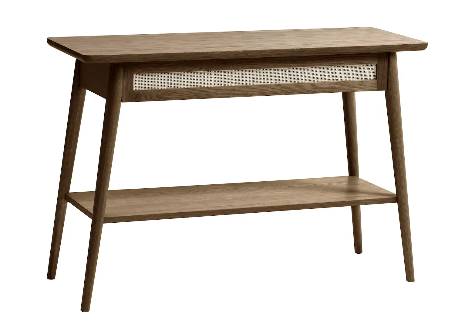 Konsola z półką i rattanową szufladą BARRALI - dąb wędzony, naturalny Konsola z półką i rattanową szufladą BARRALI - dąb wędzony, naturalny