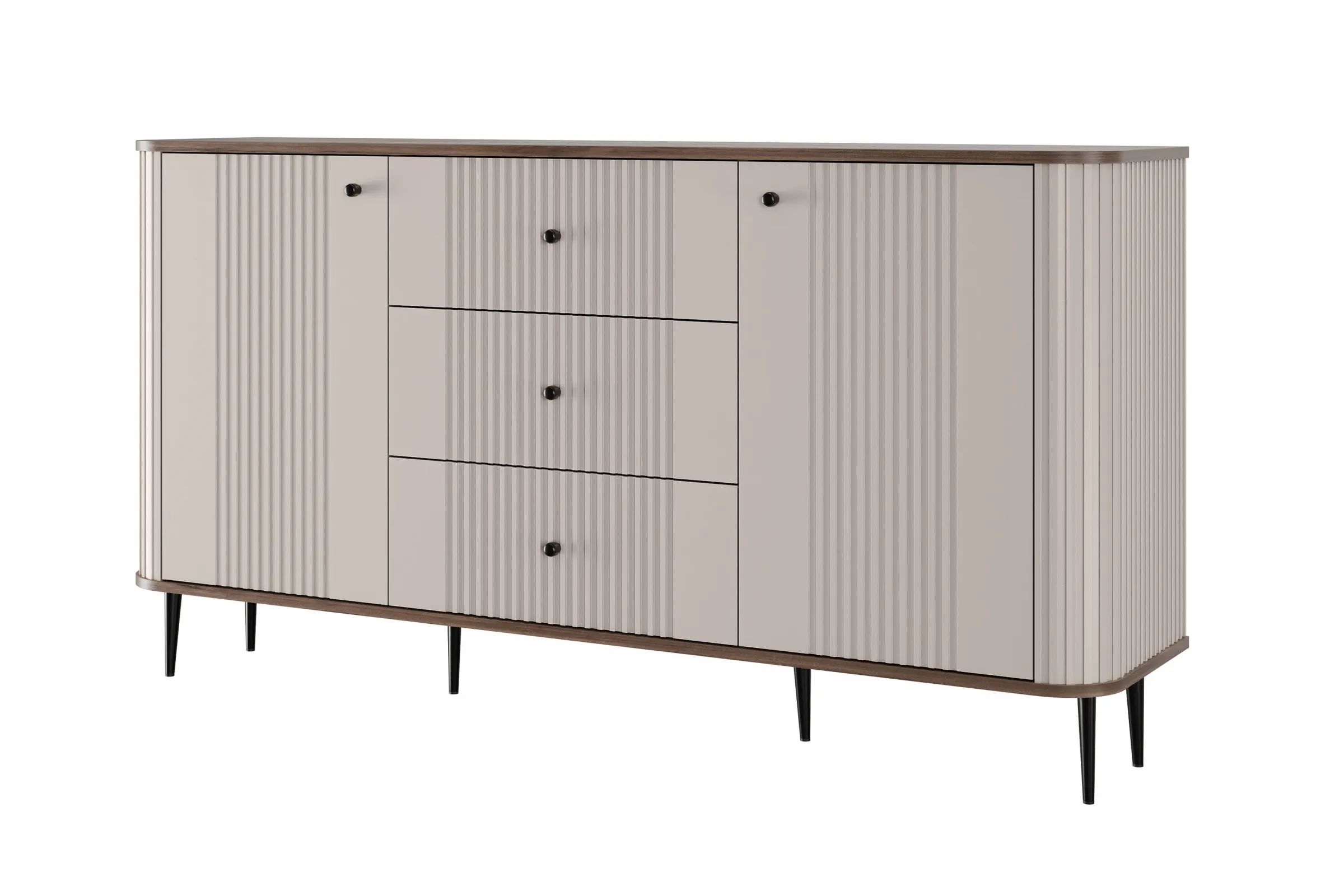 Komoda 2-drzwiowa z 3 szufladami VESPER 160 ryflowany front cashmere orzech czarne nogi Meble, Kredens, Szafka, Komoda, Łóżeczko