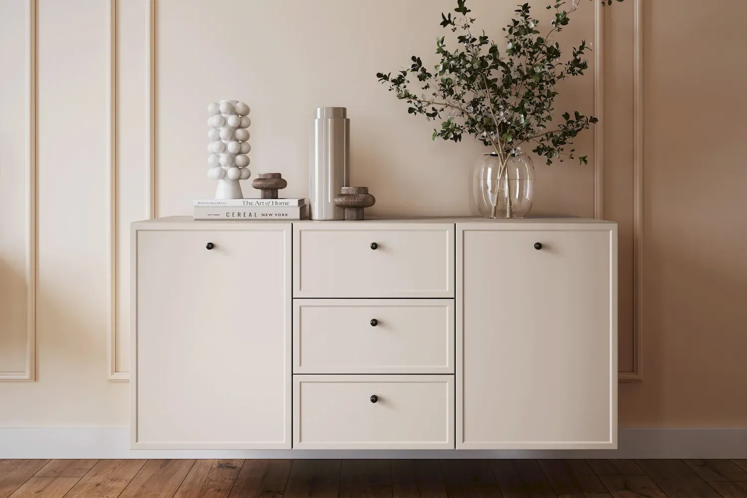 Komoda wisząca 2-drzwoiowa z 3 szufladami LORINI 150 - cashmere gałka czarna - B_166771