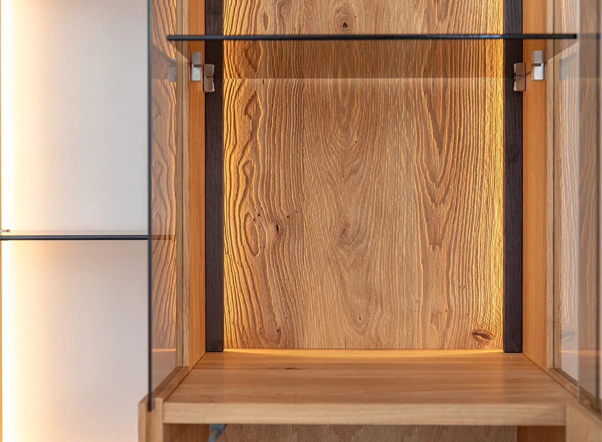 Witryna z regałem dębowa COLLODI z oświetleniem - dąb olejowany - ZICOL03