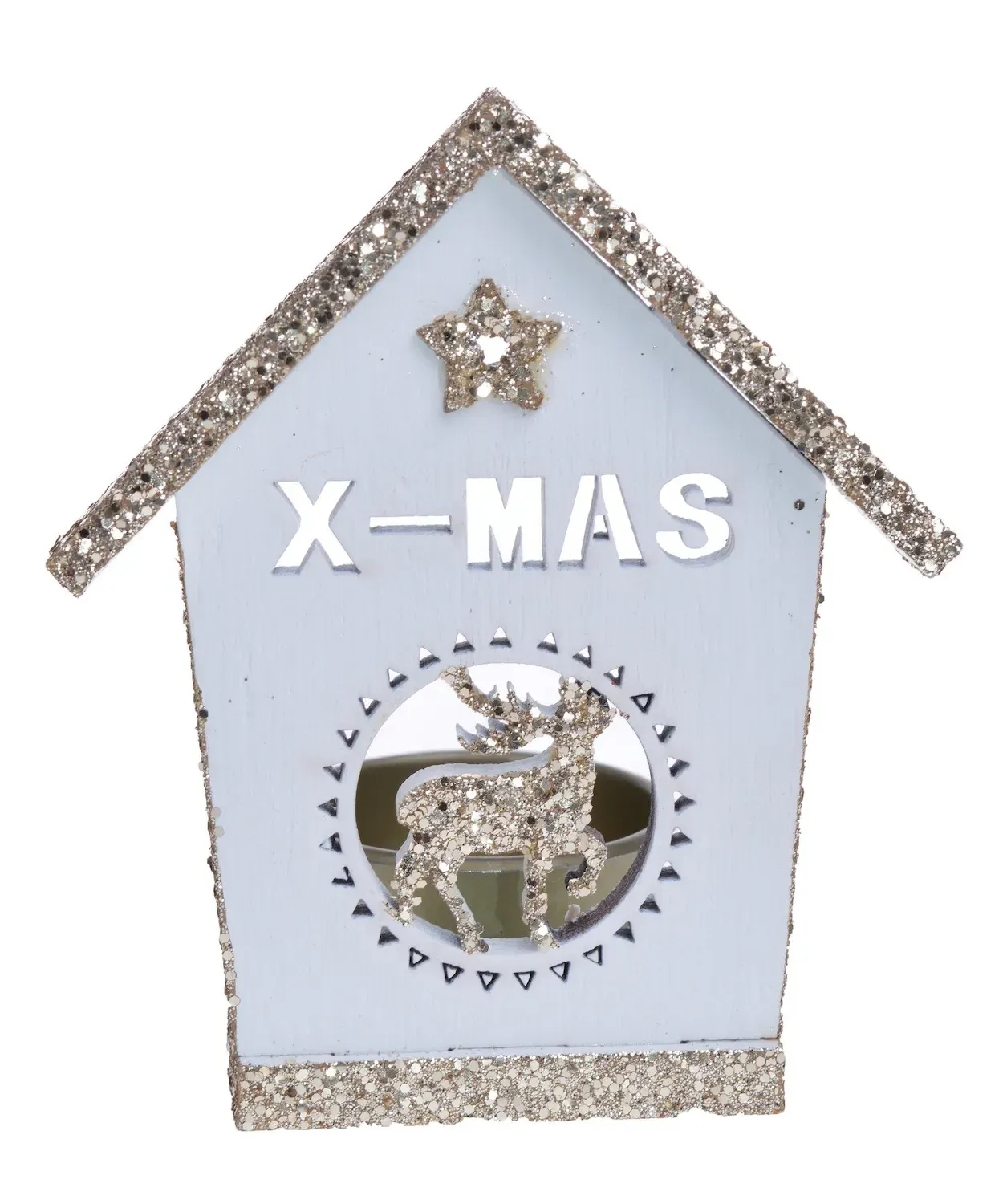 Świecznik DREWNIANY DOMEK 16315 biały brokatowy Świecznik DREWNIANY DOMEK 16315 biały brokatowy