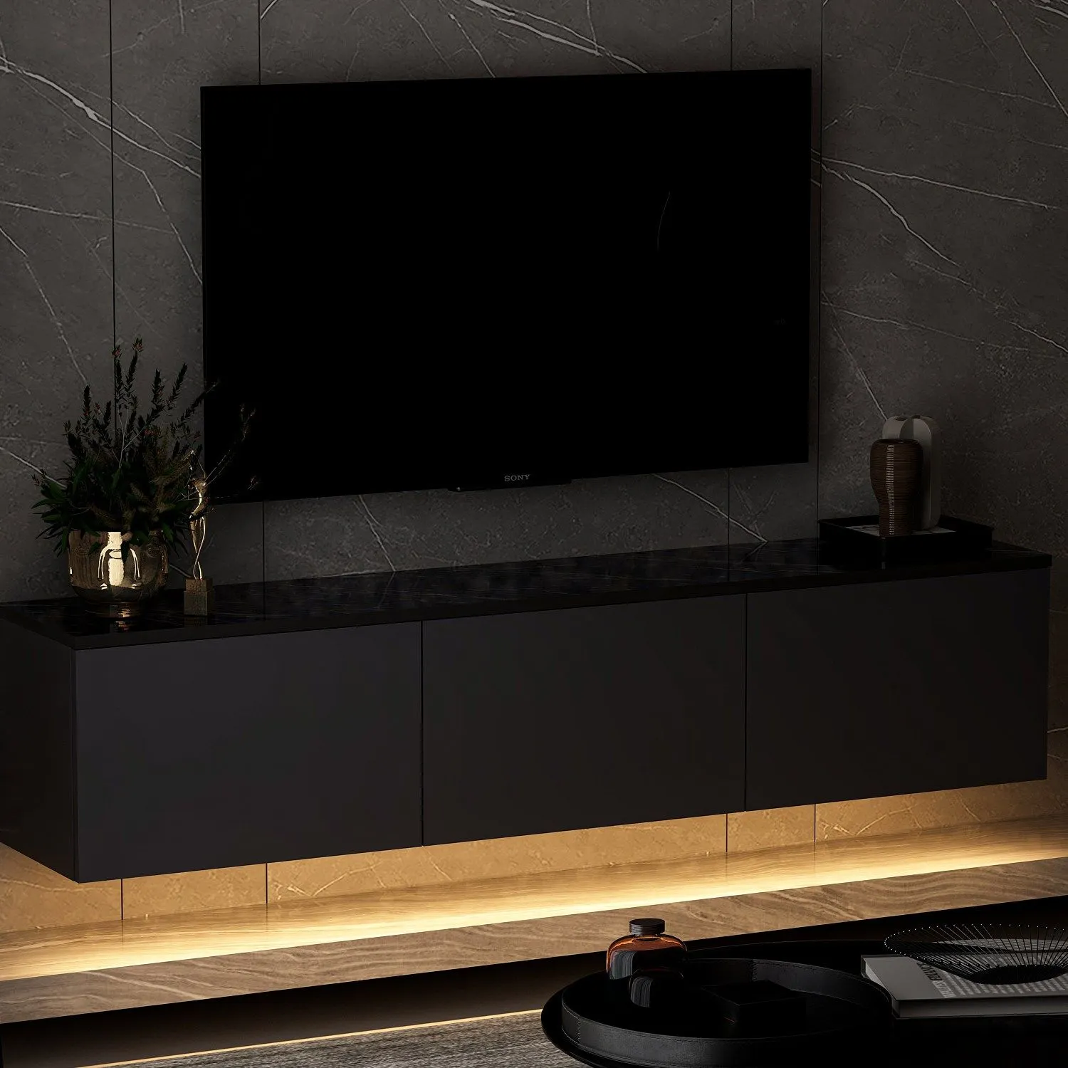 Szafka RTV wisząca 3-drzwiowa NEON ILLUMINATED 160 cm antracytowa