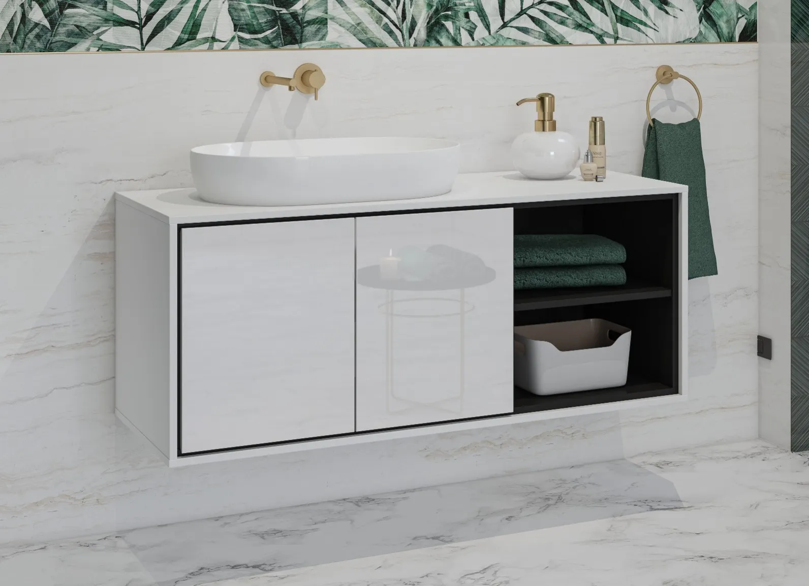 Szafka pod umywalkę IRVINE 2-drzwiowa z regałem 120 cm - biały, czarny - 309WNP60