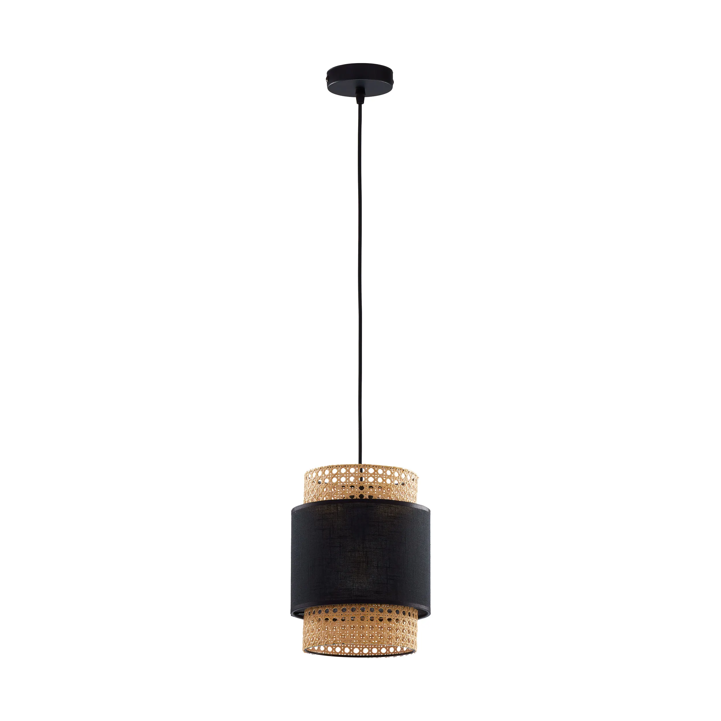 Lampa wisząca BOHO czarna z tkaniny z brązowym elementem z plecionki 170x20cm