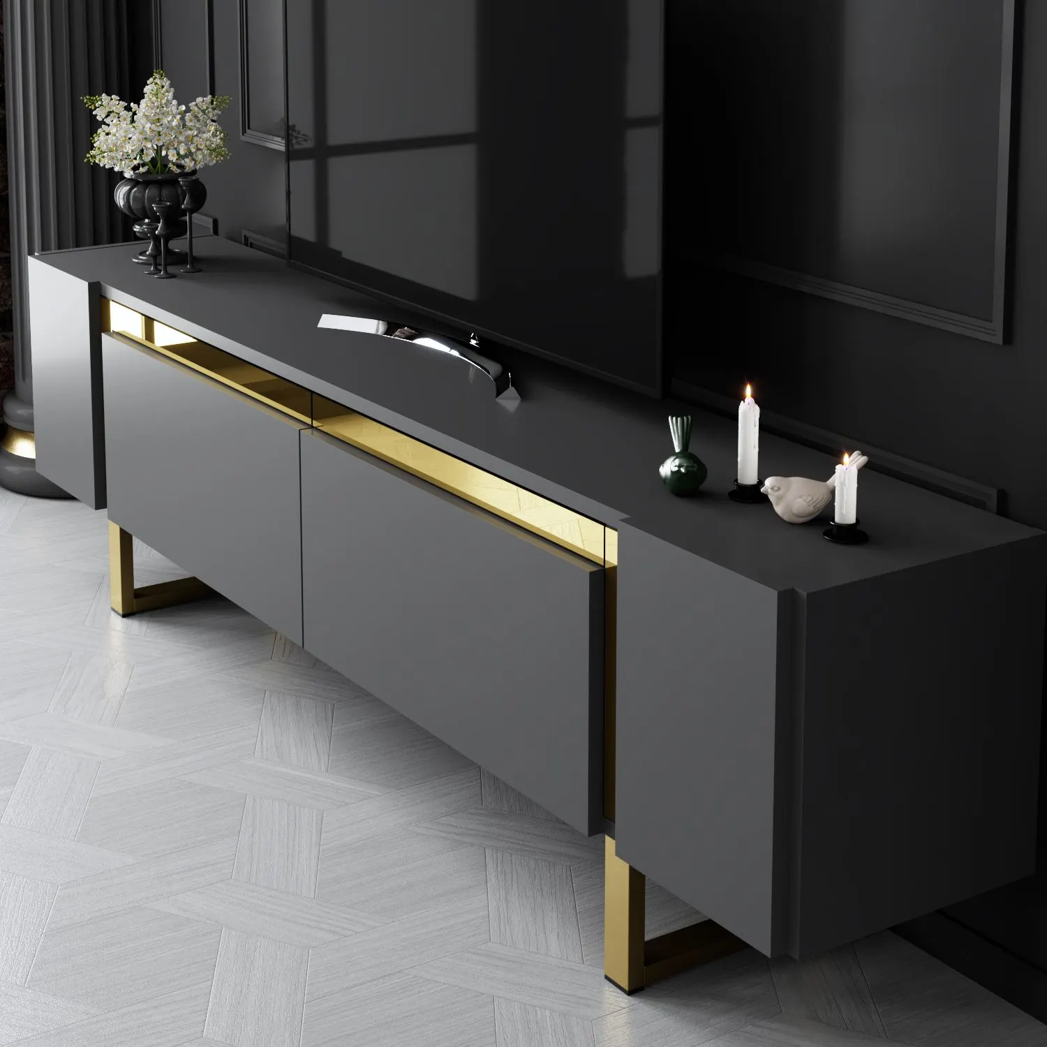 Szafka RTV z 2 klapami YILDIZ 180x30x50 cm antracyt złoty - ASI_618BLY1269