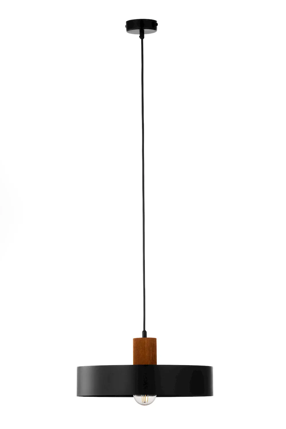image pendant light, ceiling light, czarna oprawa, kusz drewniana, odsłonięta żarówka