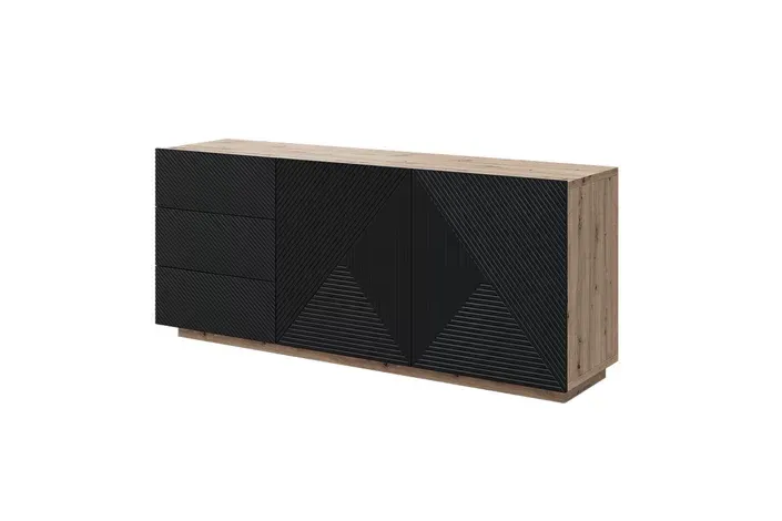 Komoda ASHA 167 z szufladami - czarny mat - dąb artisan - ryflowany front - cokół