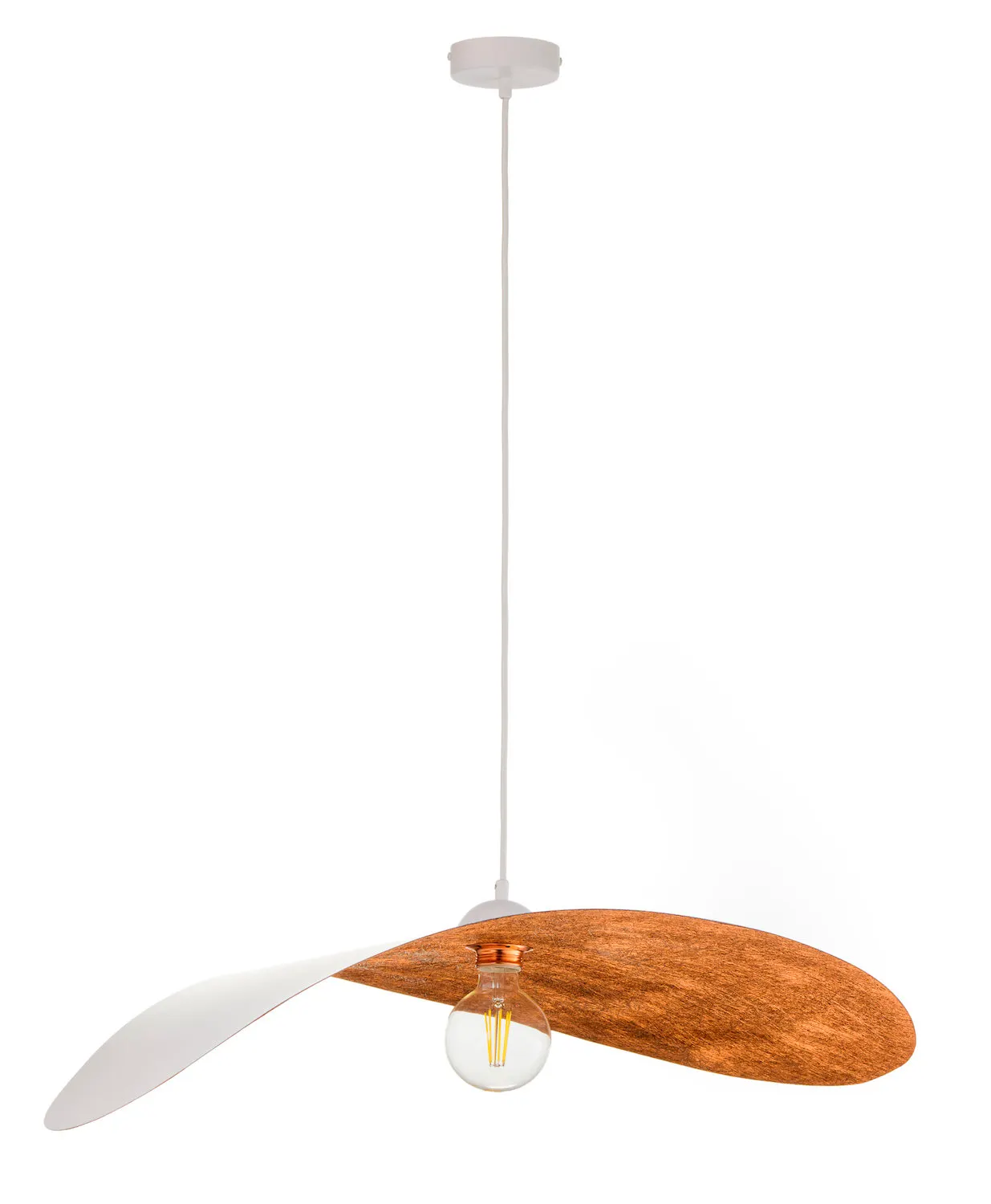image lampa wisząca, kolor brązowy, płatek drewniany, żarówka LED, kathodowy minimalizm