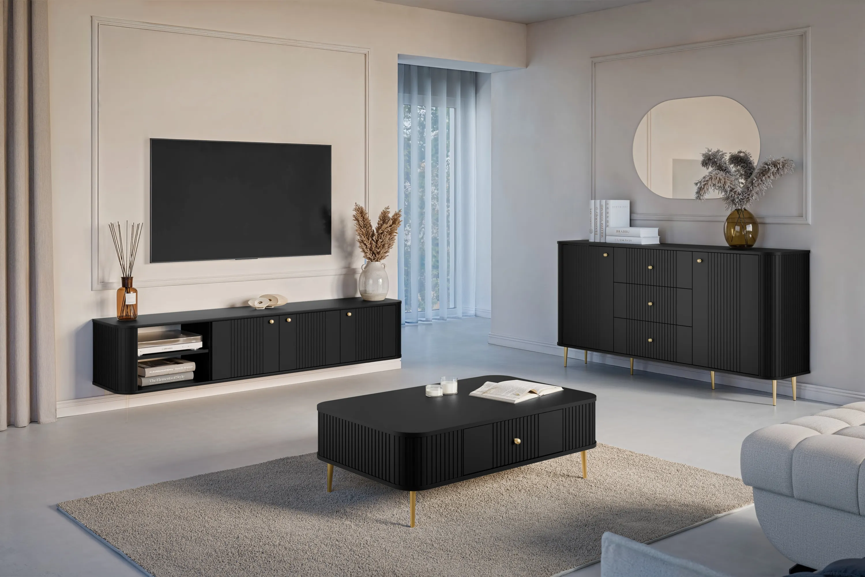 Szafka RTV wisząca 3-drzwiowa VESPER RTV 187 ryflowany front czarna złote uchwyty - B_163698