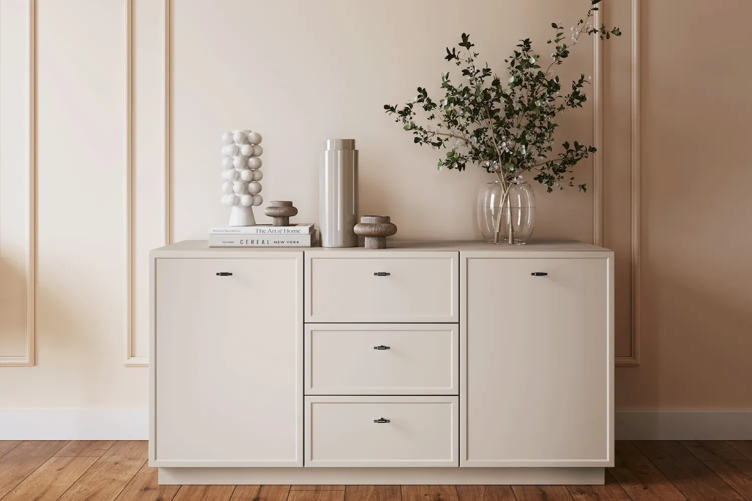 Komoda 2-drzwoiowa z 3 szufladami LORINI 150 - cashmere uchwyt T-bar czarny cokół - B_166765