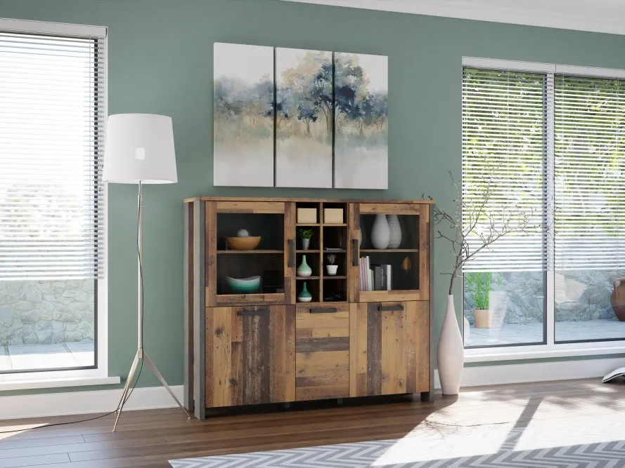 Witryna niska CLIF 5-drzwiowa - old wood vintage, beton - CLFV331-C546