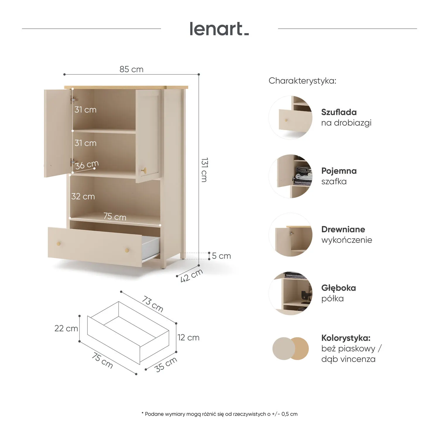 Komoda wysoka 2-drzwiowa z wnęką i szufladą STORY 11 beż piaskowy dąb vincenza bielony - SO11BPVB