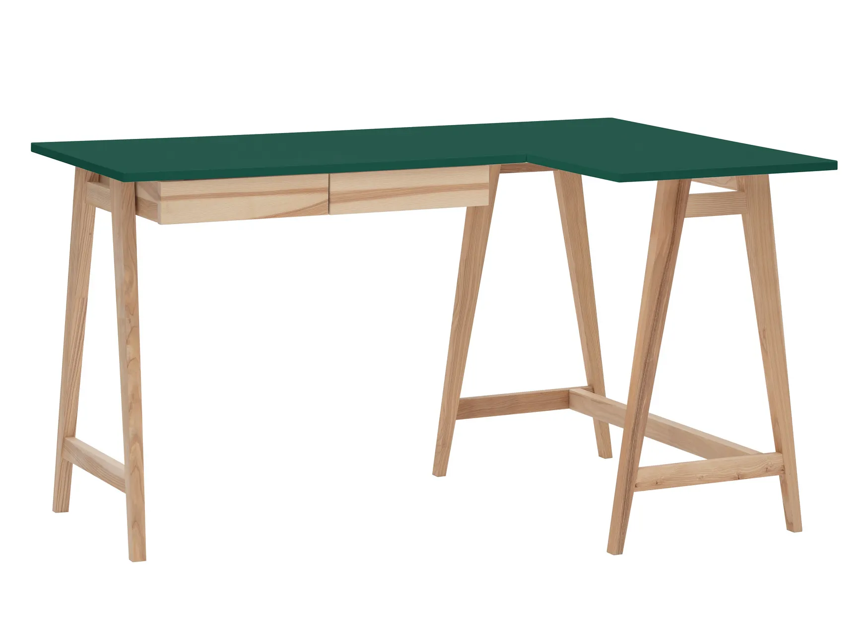 Biurko narożne z szufladą LUKA prawostronne 135x85 zielony blat/ drewniane nogi Biurko, Meble, Tabela, Stół do jadalni