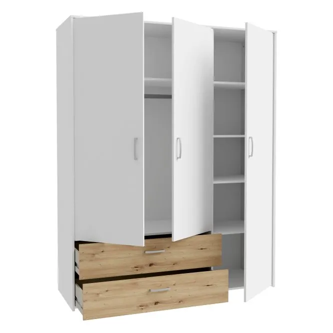 robe cabinet, wooden drawers, white fronts, closet with shelves, double drawer