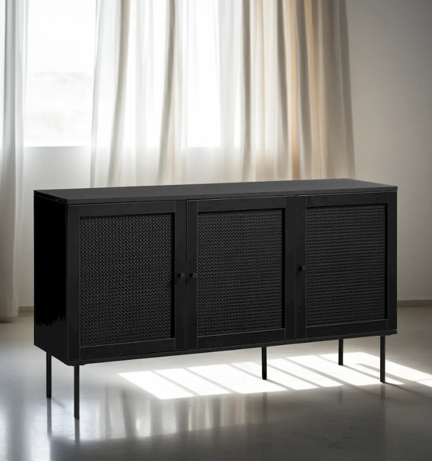 Komoda 3-drzwiowa PENSACOLA 140x80 rattan/czarna - UN_43211013