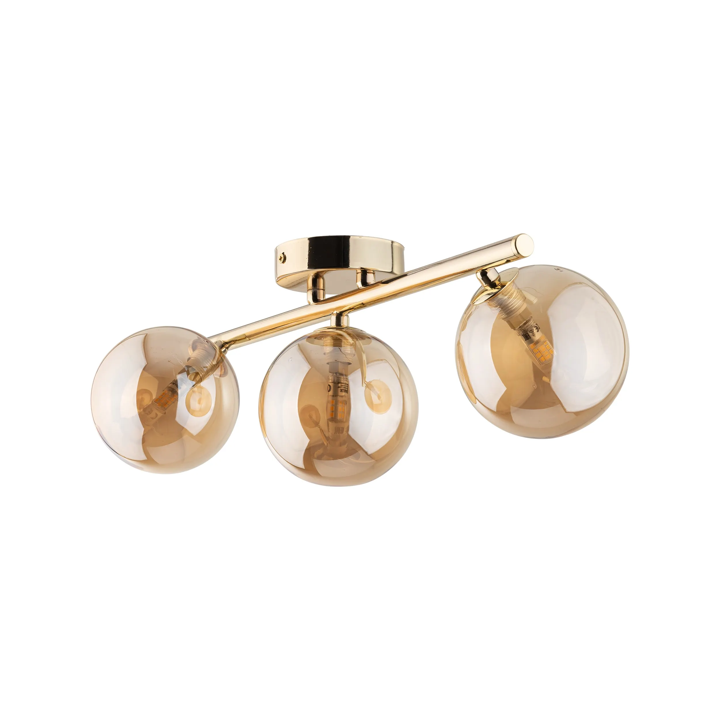 Lampa sufitowa Estera złota metalowa z bursztynowymi okrągłymi szklanymi kloszami 47x23x17cm