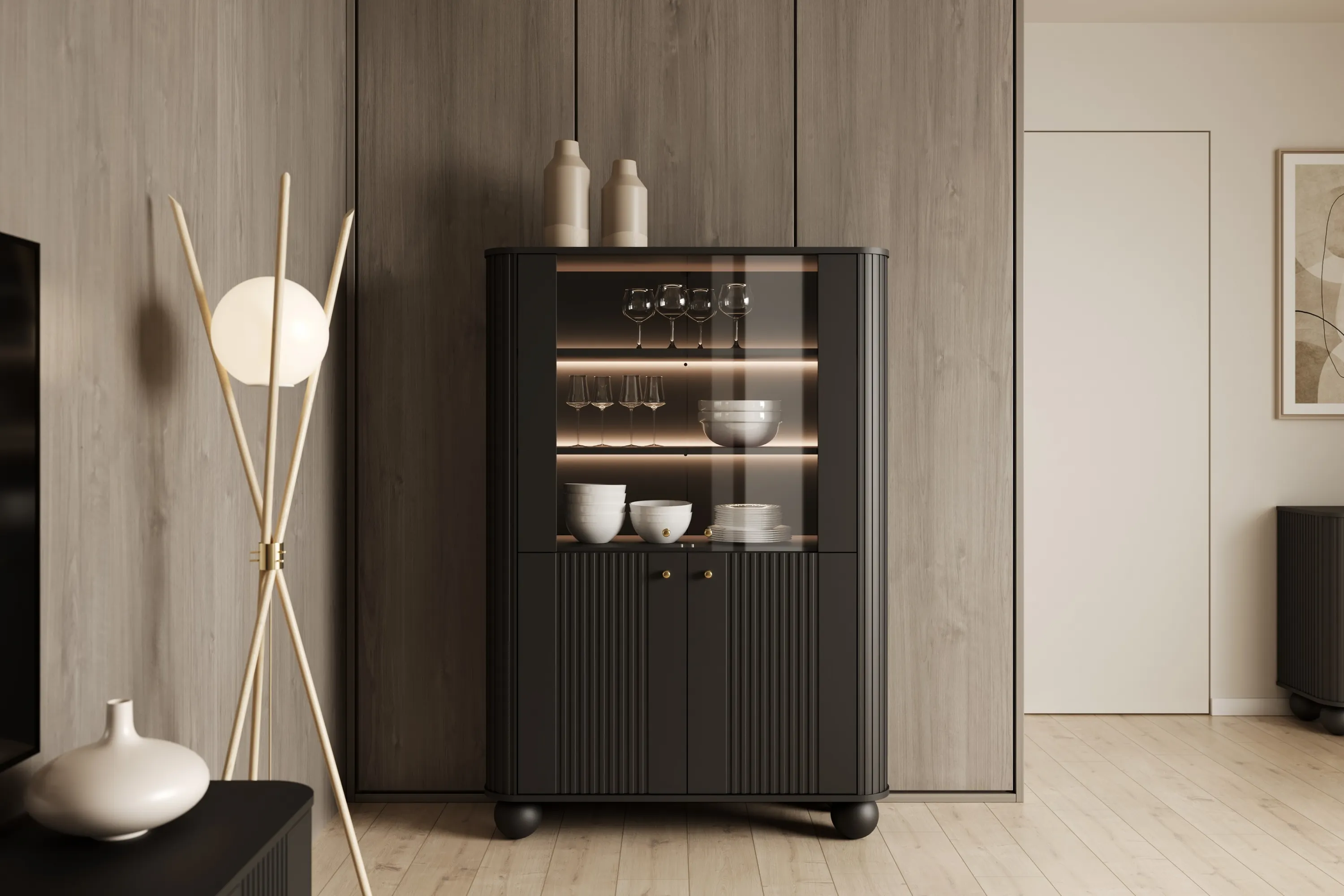 Witryna 4-drzwiowa z oświetleniem VESPER 103 ryflowany front czarna złote uchwyty nogi kule - B_167229