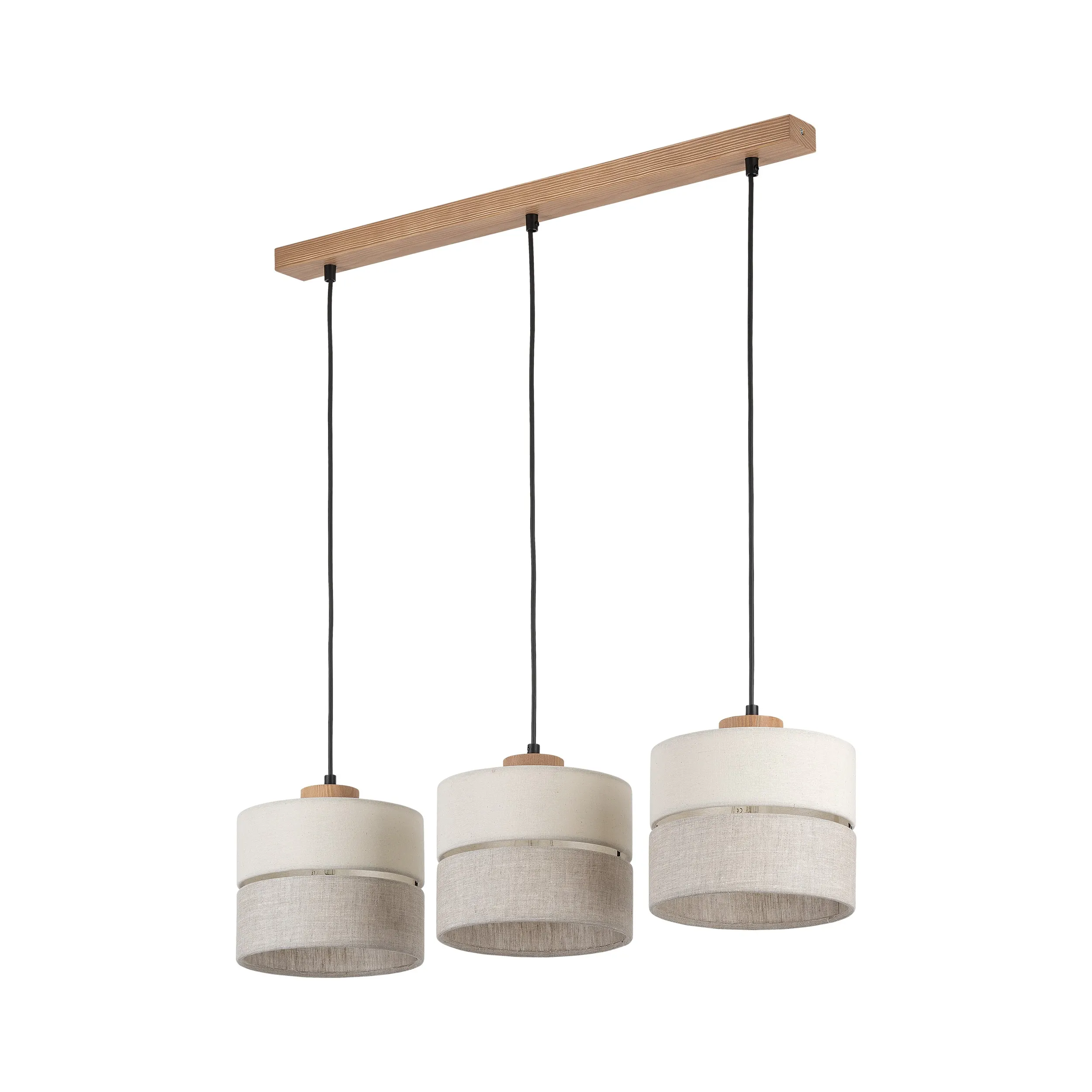 Lampa wisząca ECO czarna na drewnianej listwie beżowe klosze w dwóch odcieniach 80x77x20cm