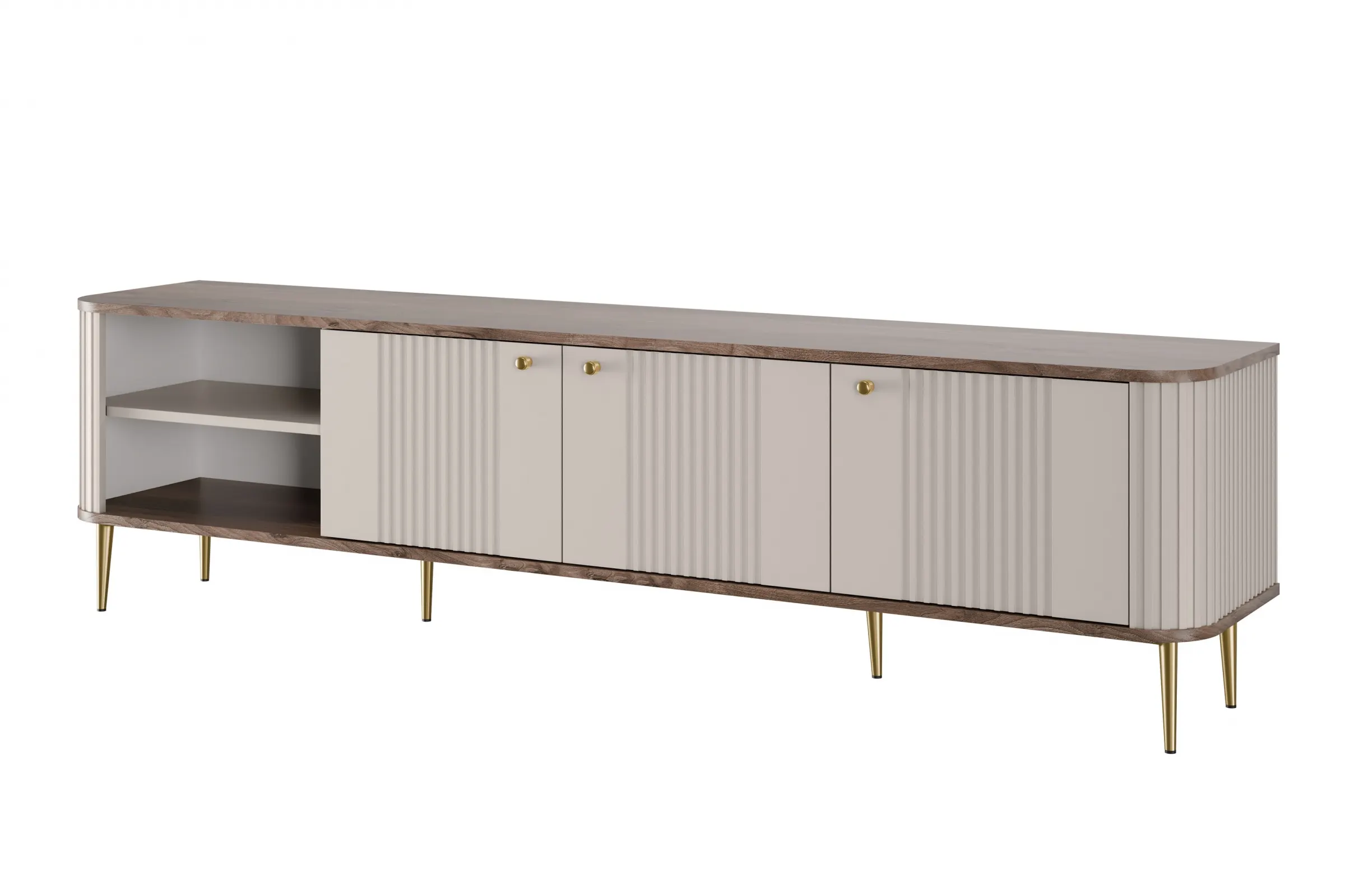 Szafka RTV 3-drzwiowa VESPER RTV 187 ryflowany front cashmere orzech złote nogi Meble, Kredens, Szafka