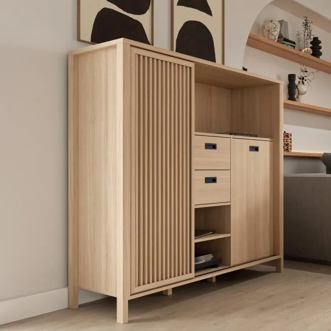 meble drewniane, szafka z szufladami, witryna drewniana, szafka z półkami, minimalistyczny design