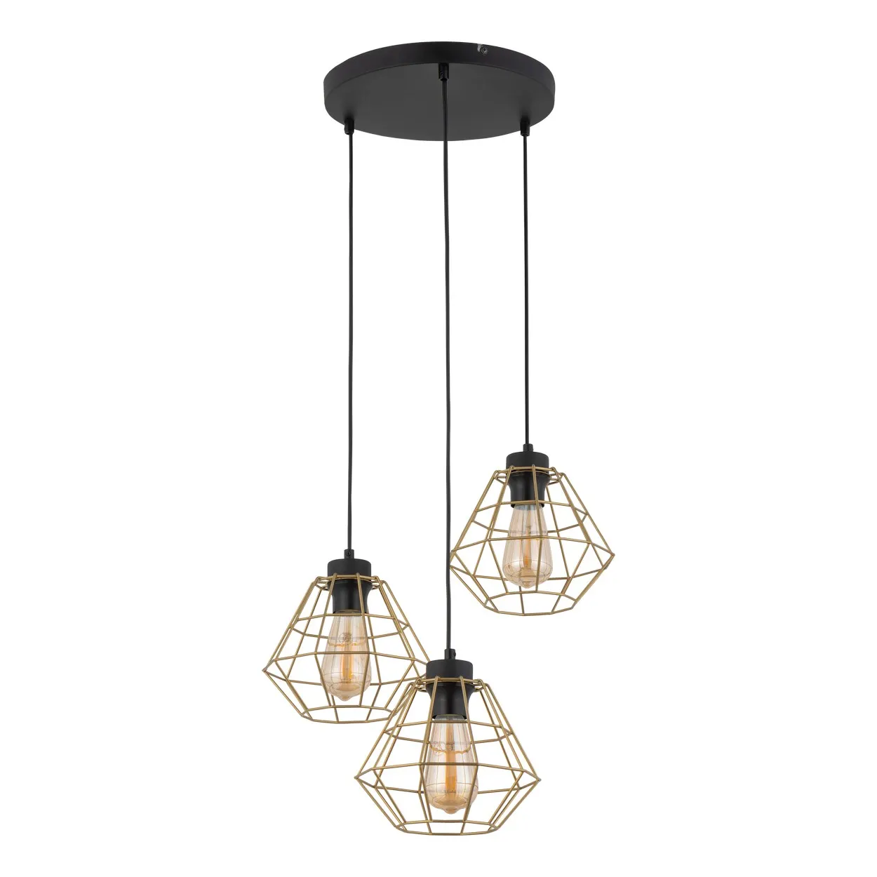 Lampa wisząca DIAMOND czarna ze złotymi ażurowymi kloszami potrójna na okrągłej podstawie 110x47cm
