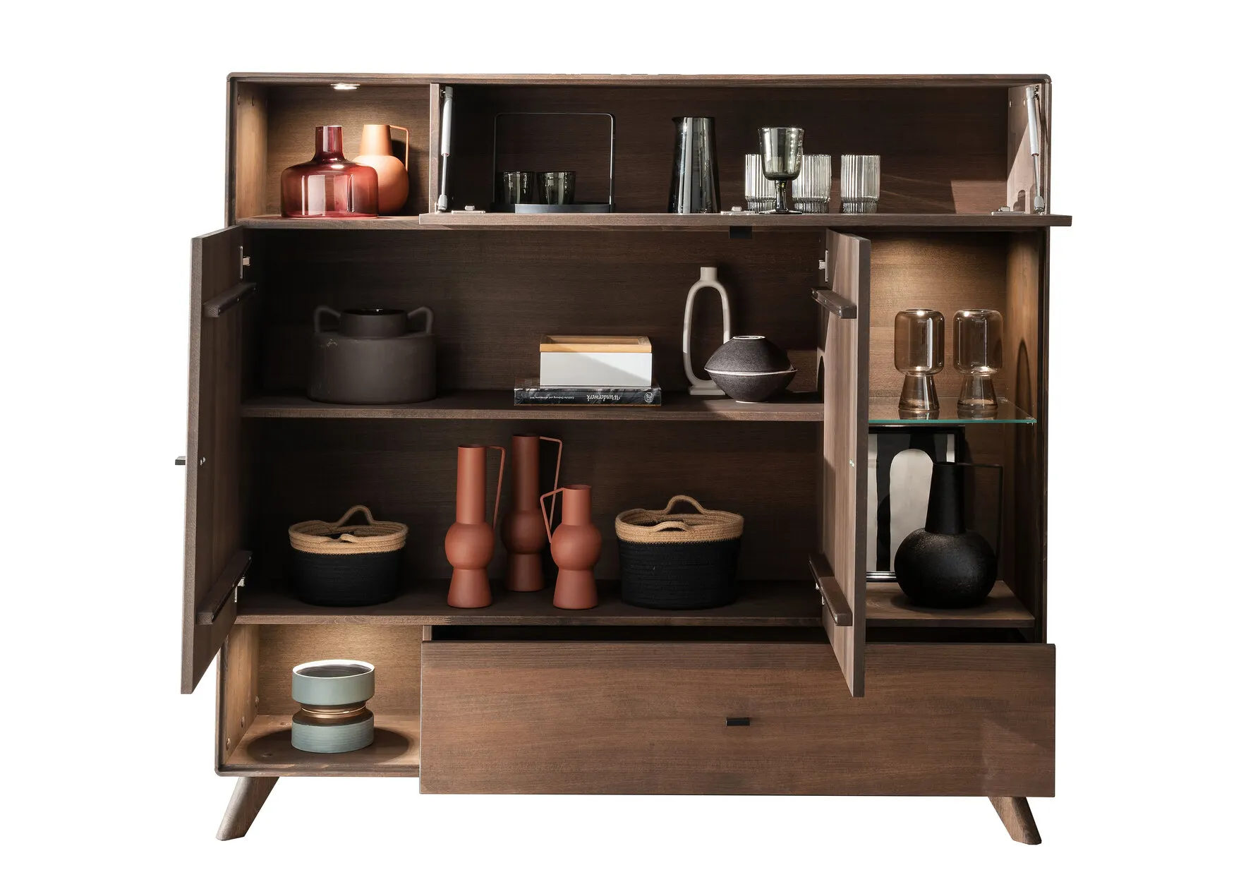 Komoda wysoka z witryną drewniana ryflowana BLISS 156x145x40 cm - GK_103624040102