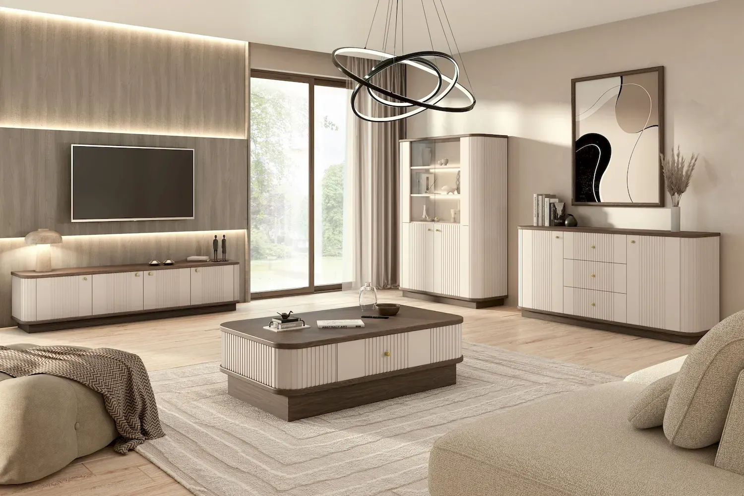 Stolik kawowy z szufladą VESPER ryflowany front - cashmere orzech złoty uchwyt cokół - B_169461