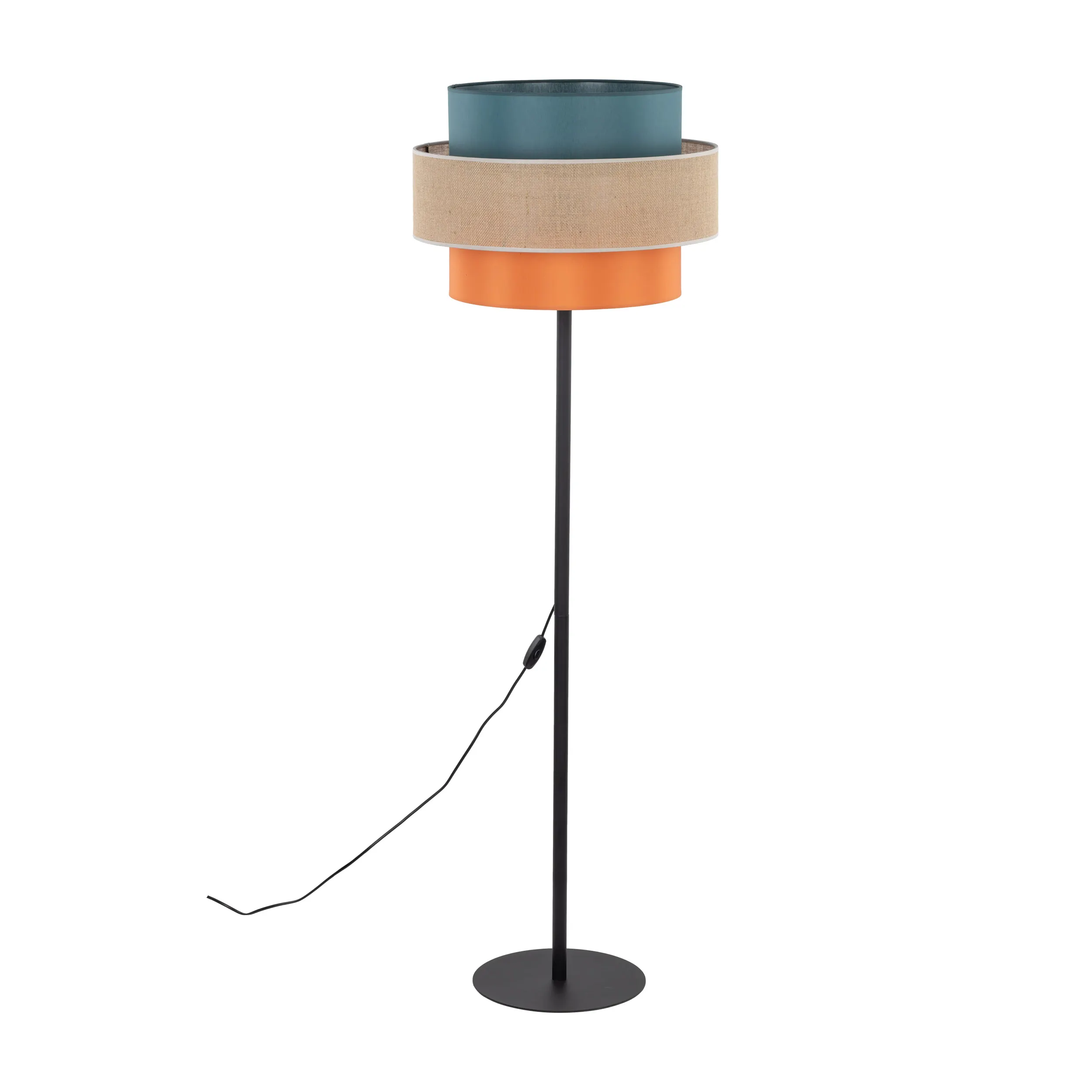 Lampa podłogowa TRIO JUTA czarna z wielokolorowym niebieskim brązowym juta pomarańczowym kloszem 159x50cm