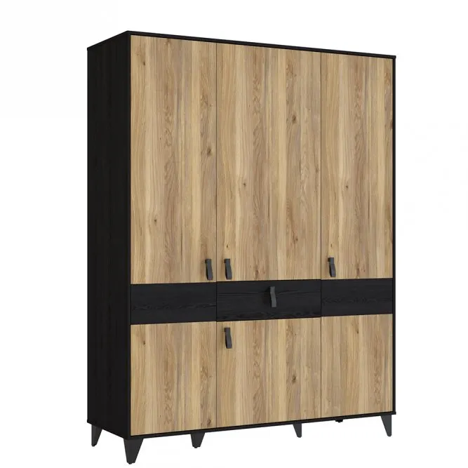 Szafa 4-drzwiowa LYA z szufladą 152x200 czarny/dąb cabezone Szafa 4-drzwiowa LYA z szufladą 152x200 czarny/dąb cabezone