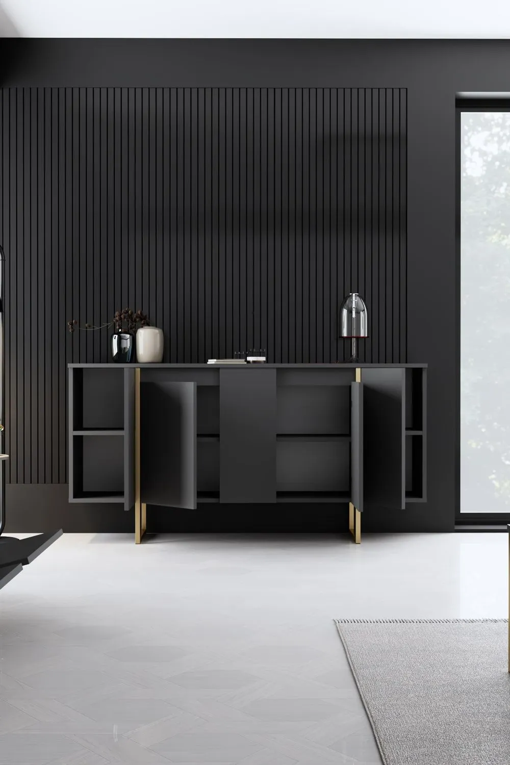 Komoda 4-drzwiowa LUXE 160 cm antracytowa złoty stelaż — zdjęcie 8