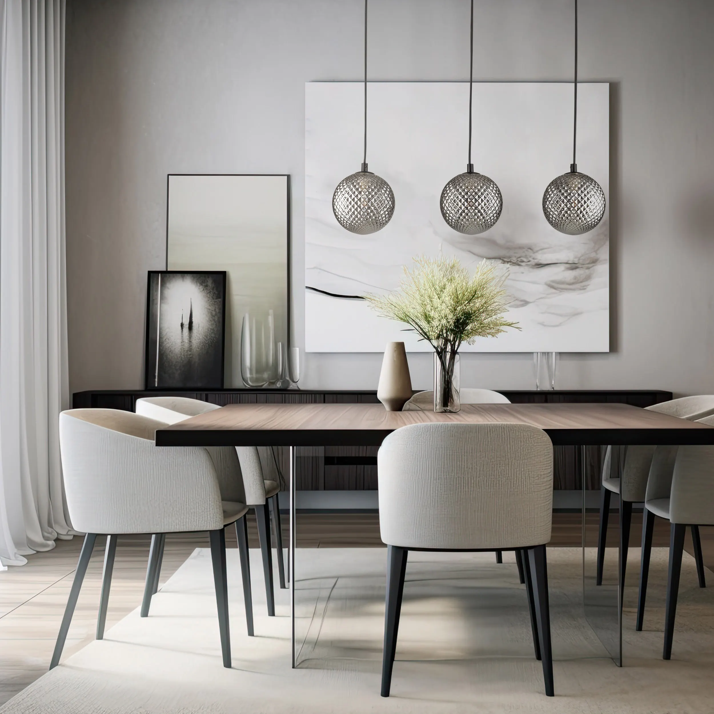 Lampa wisząca ELENA czarna z szarymi okrągłymi szklanymi kryształowymi kloszami 120x71x15cm - TK_5746