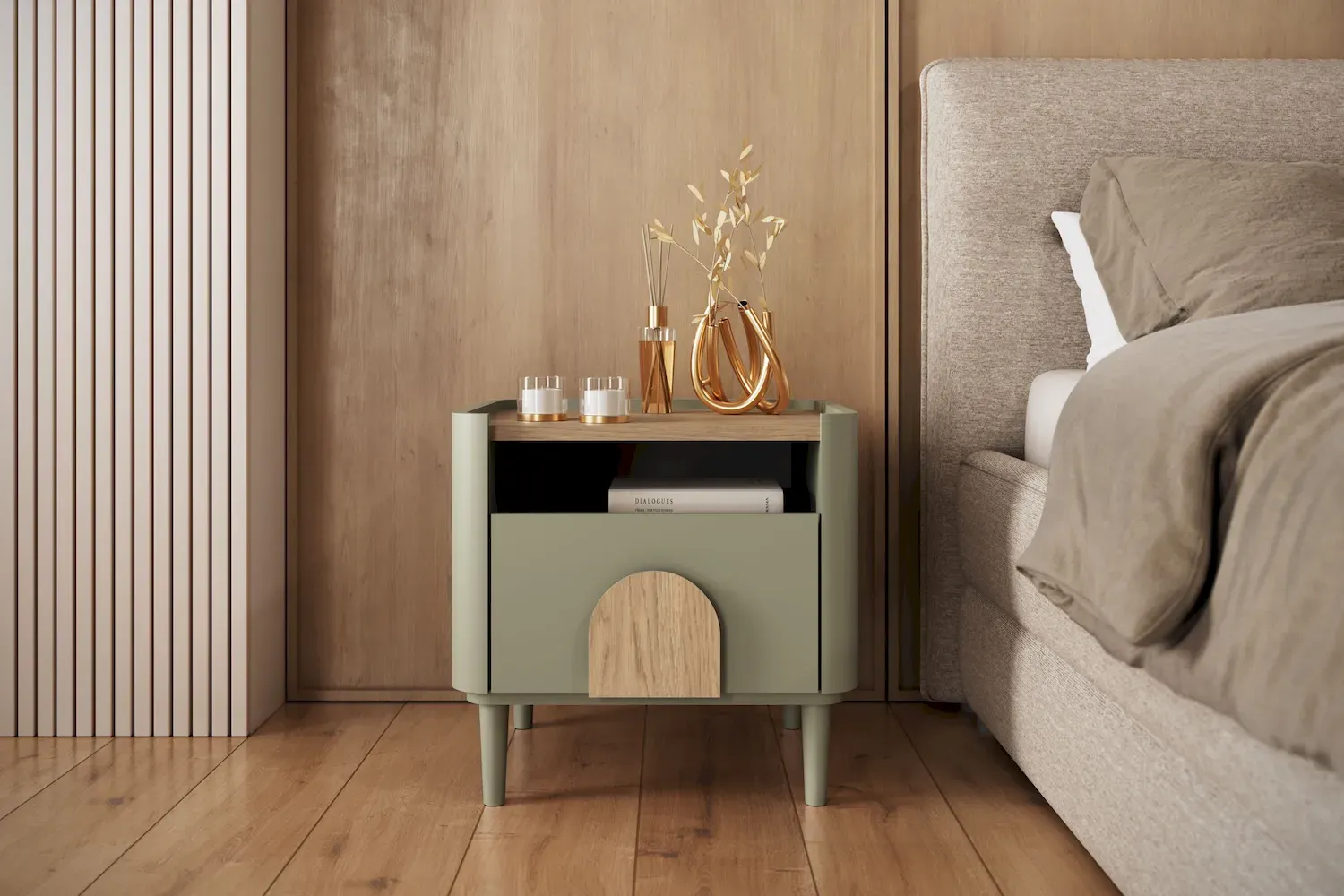 Szafka nocna z 1 szufladą i półką AMILIO 50 - eukaliptus dąb baltic dune uchwyty dąb naturalny nogi eukaliptus - B_169225