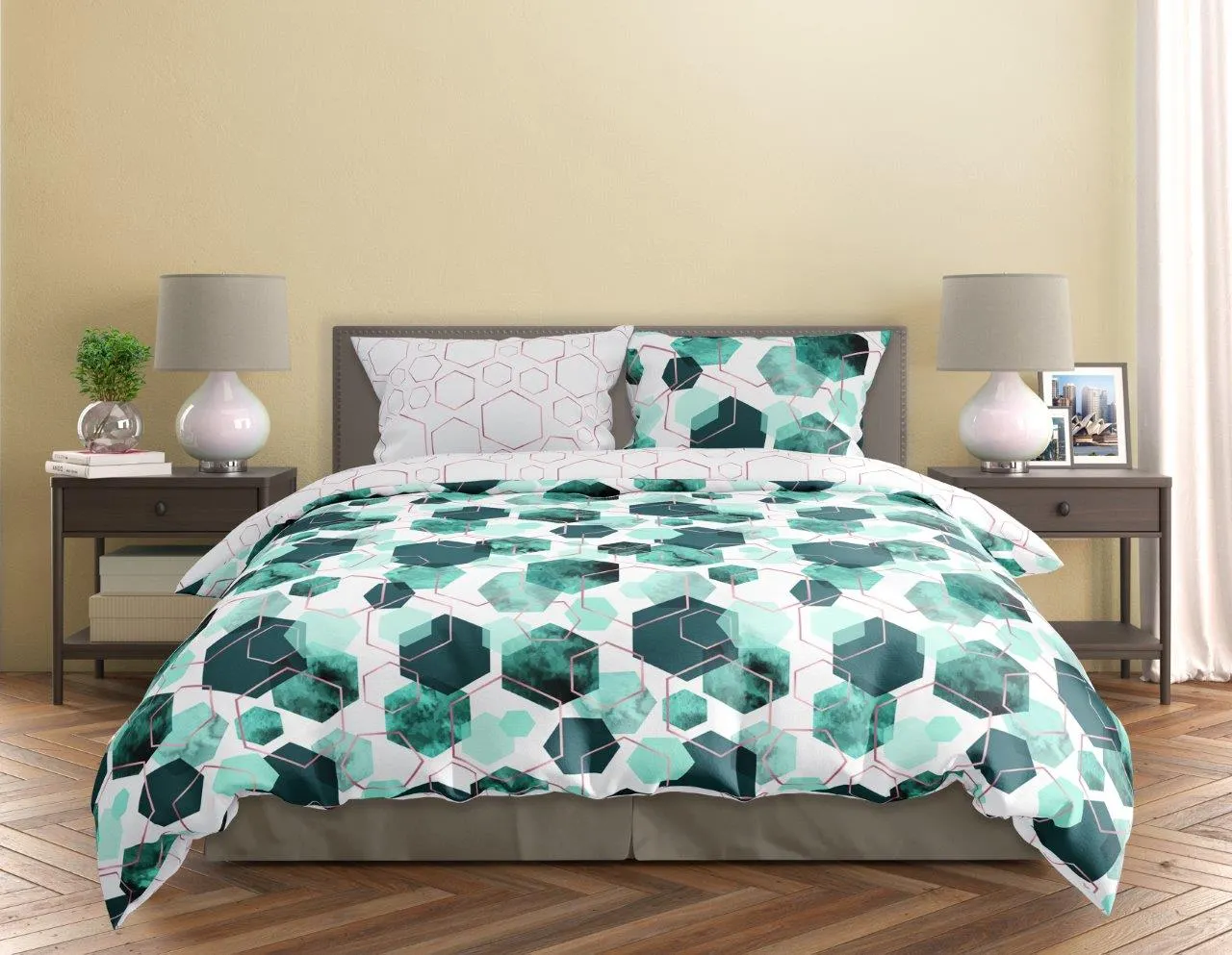 Pościel komplet MILAGRO VERDE 009 satyna bawełniana 160X200+2x70X80 zielona biała - FARO_29961