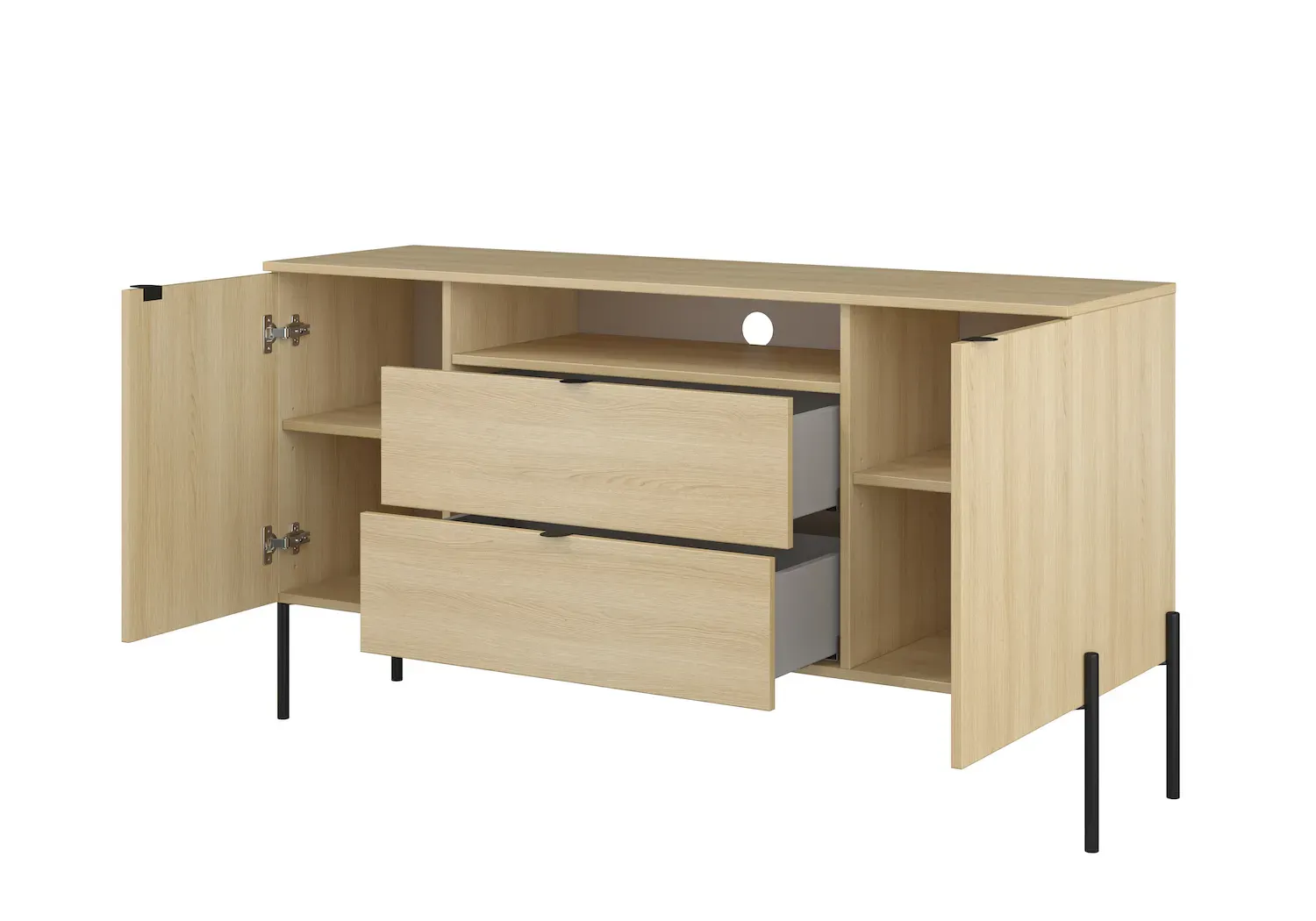 Komoda 2-drzwiowa z 2 szufladami i wnęką ORE 140 cm dąb lindberg czarne nóżki - 24LGOG26