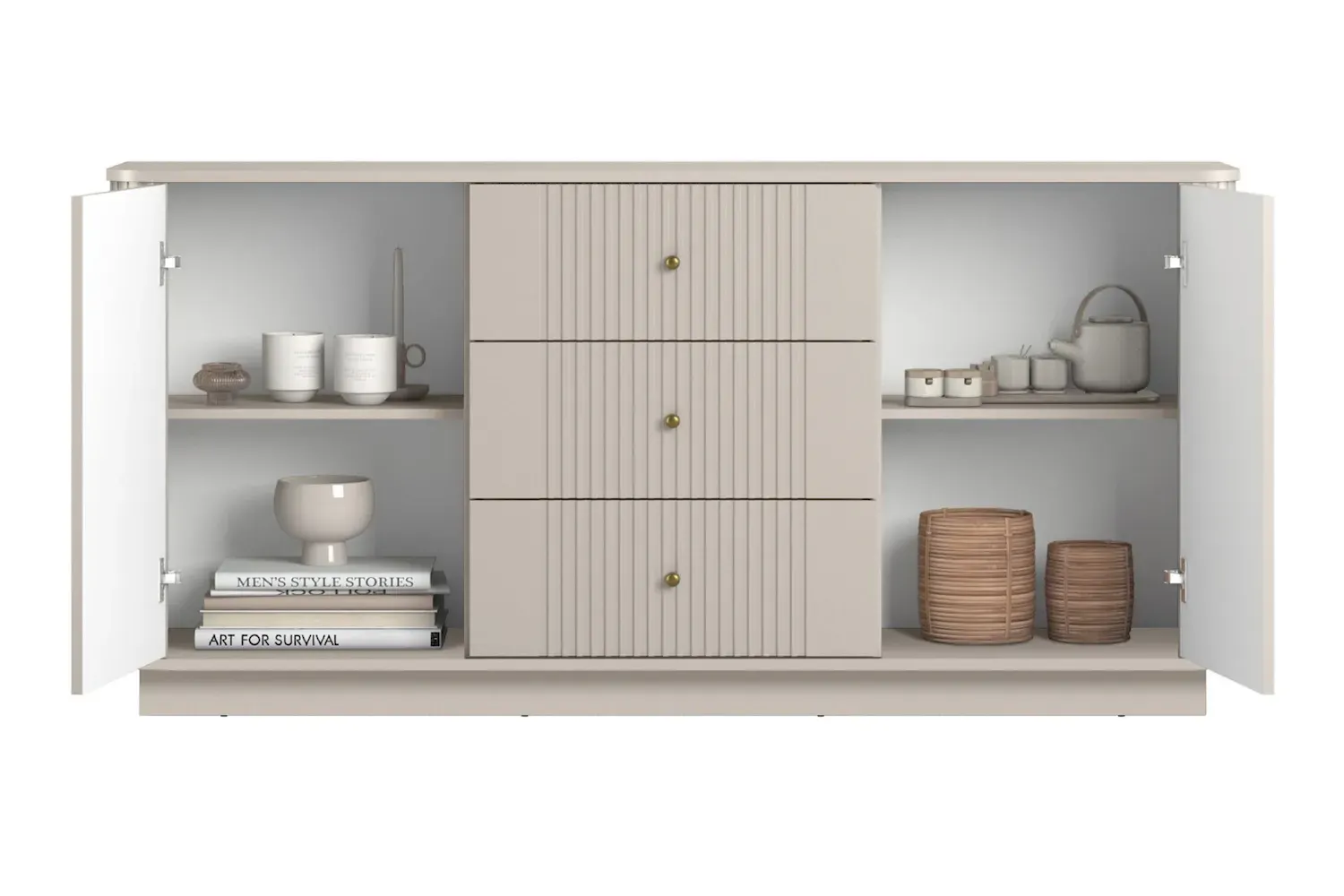 Komoda 2-drzwiowa z 3 szufladami VESPER 160 ryflowany front - cashmere złote uchwyty cokół — zdjęcie 5