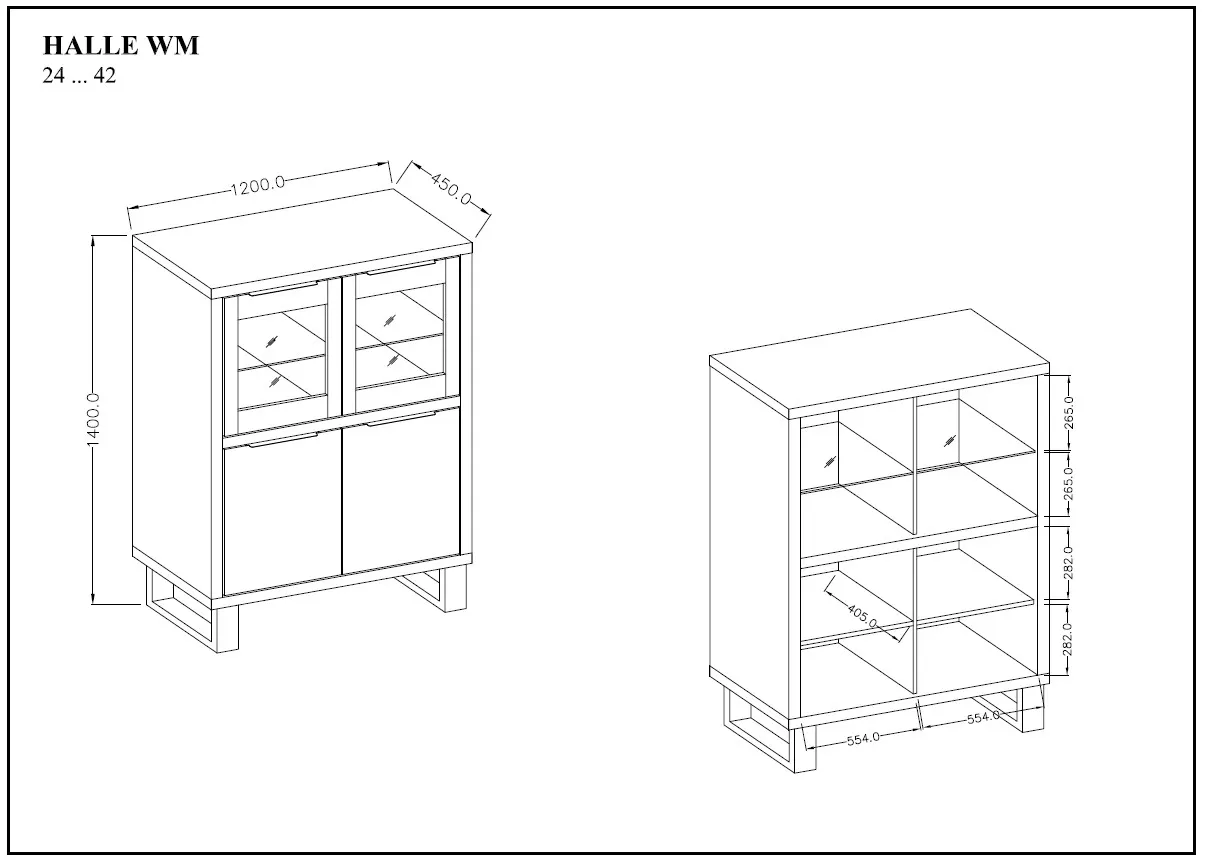 Kredens niski 4-drzwiowy szklany HALLE 120x140 dąb Wotan - 24N0HK42