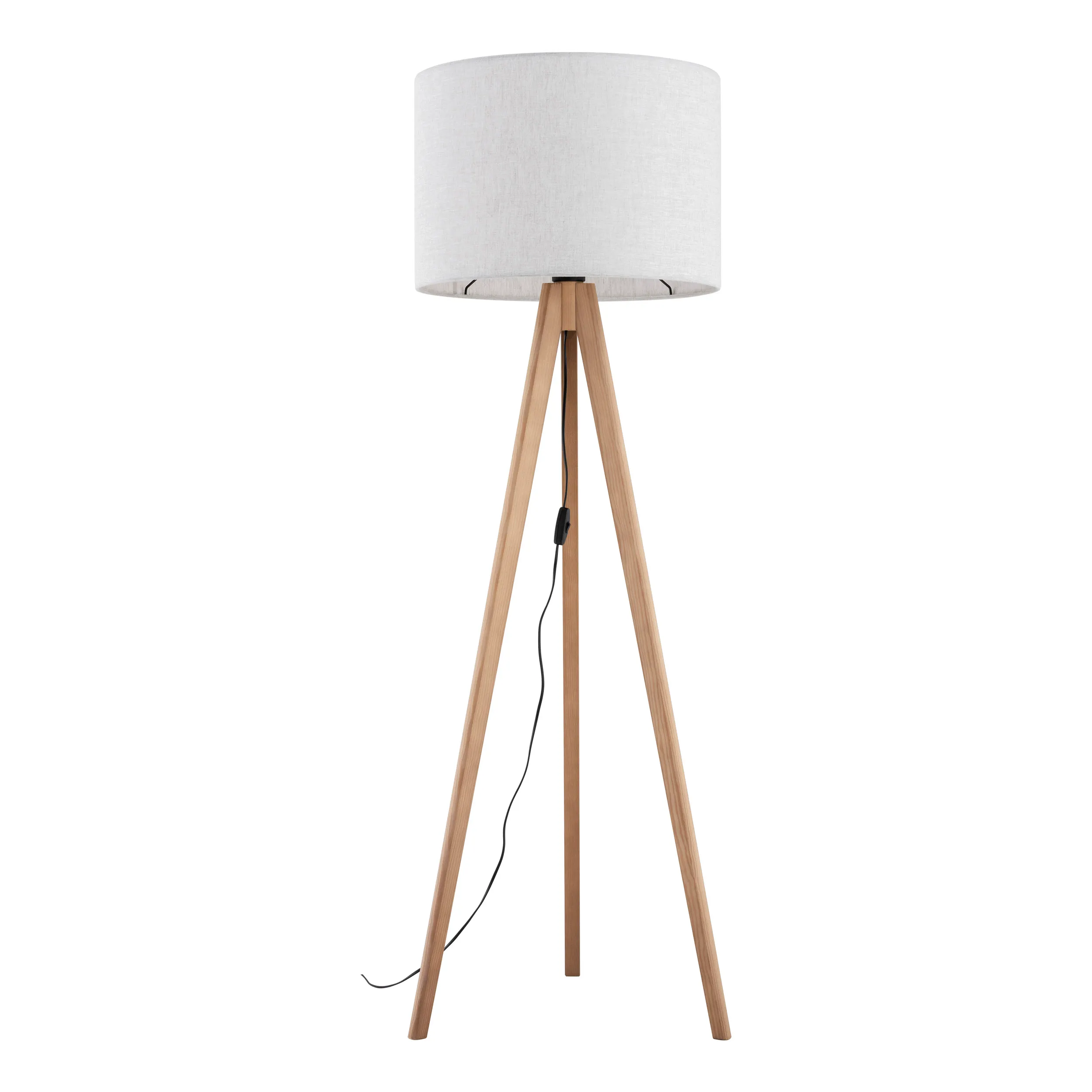 Lampa podłogowa GRAND na sosnowych jasnych nogach z szarym okrągłym abażurem z tkaniny 145x50cm
