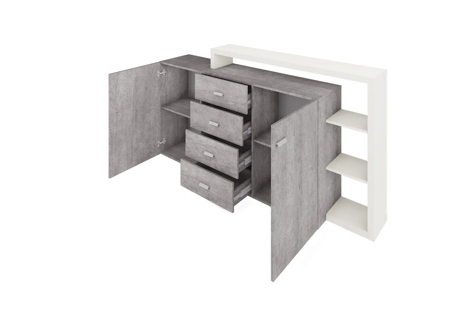 Komoda BOTA 27 z nadstawką dwudrzwiowa z szufladami beton biała 180x98x37cm